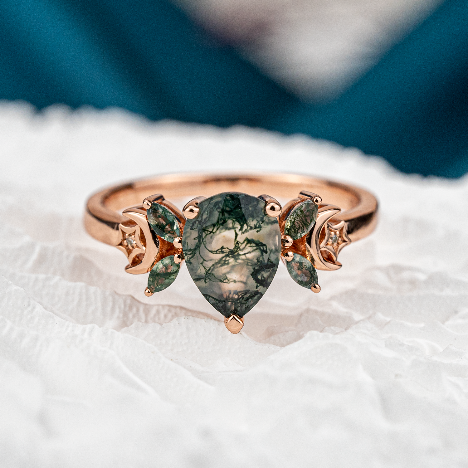 Nature Inspired Design Pear Shape Moss Agate Ring.