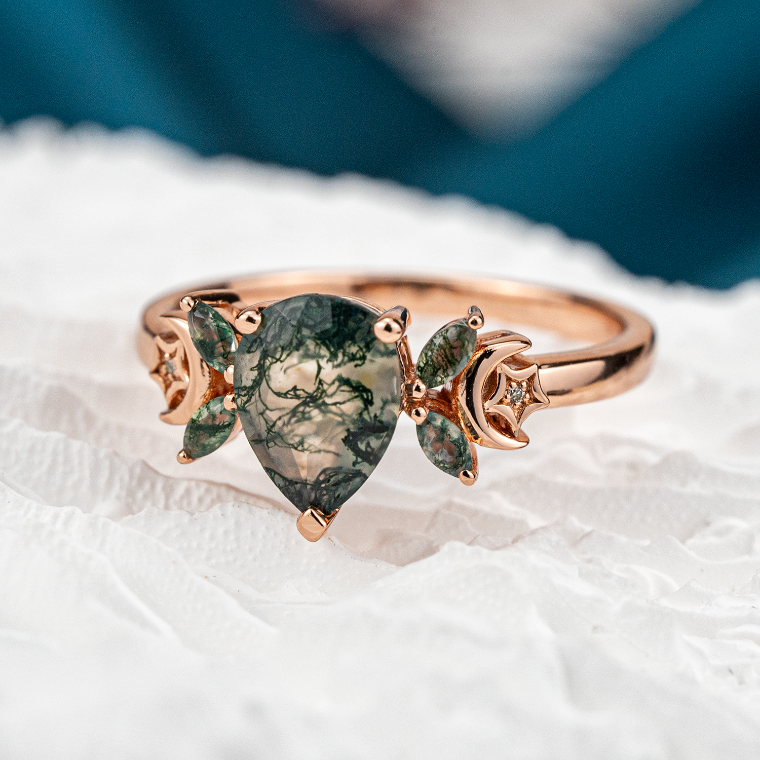 Nature Inspired Design Pear Shape Moss Agate Ring.