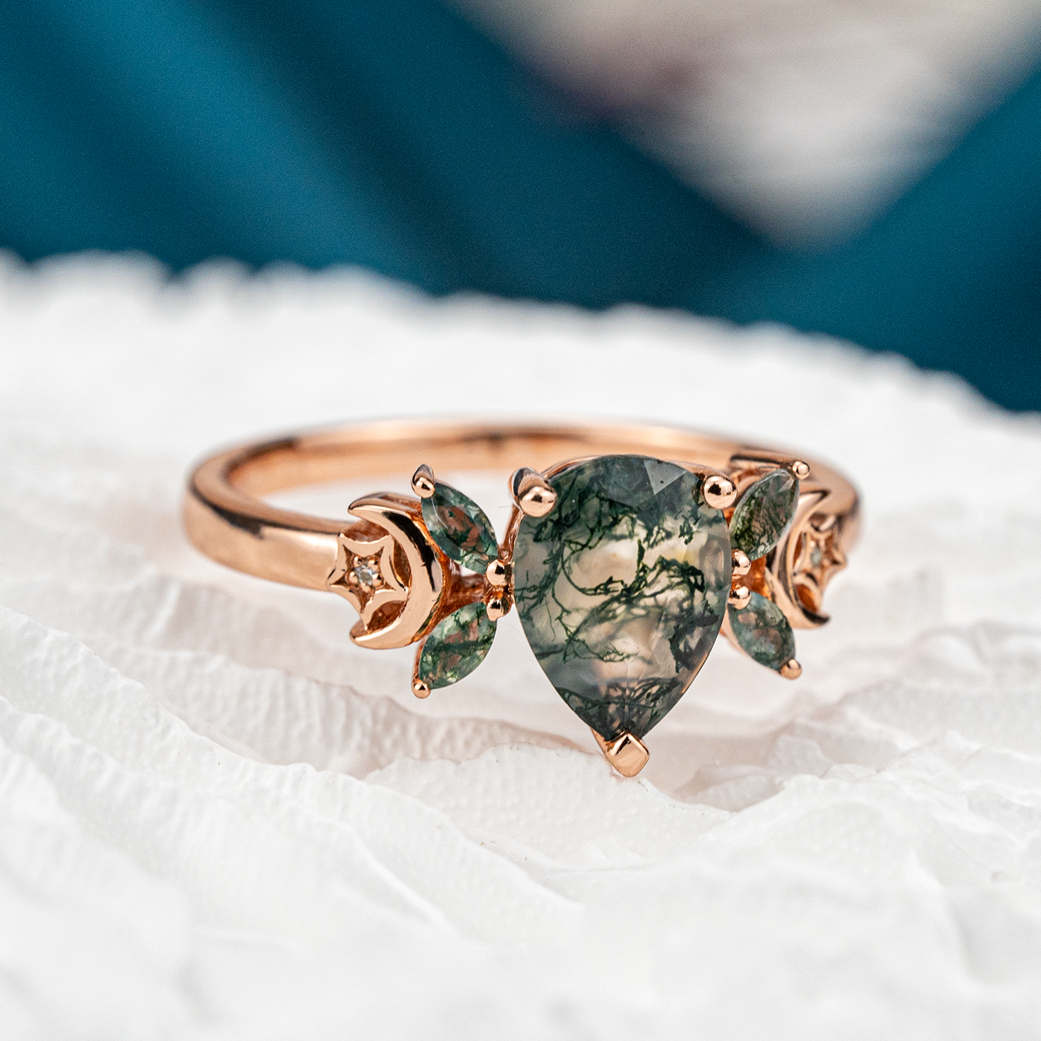 Nature Inspired Design Pear Shape Moss Agate Ring.