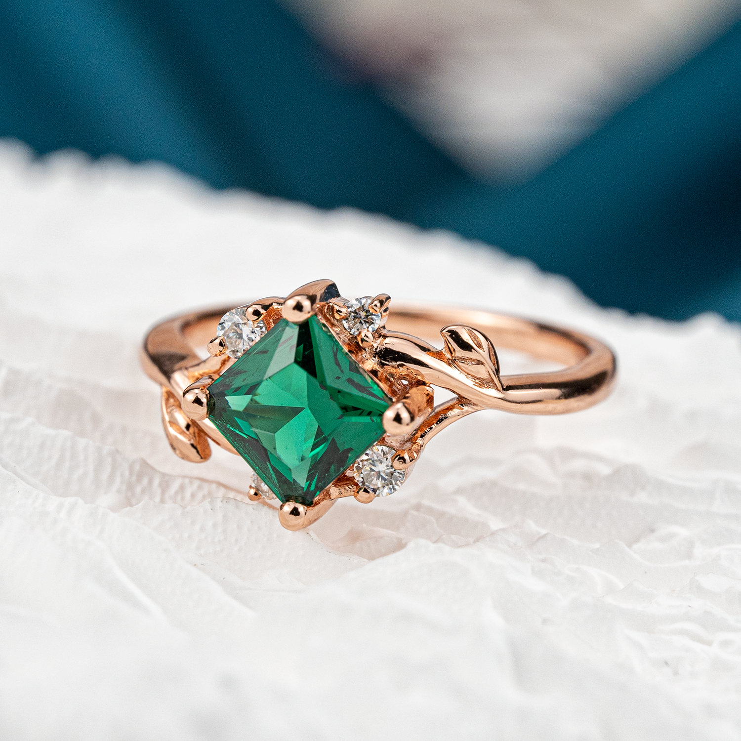 Princess Lab Emerald Engagement Ring With Moissanite.