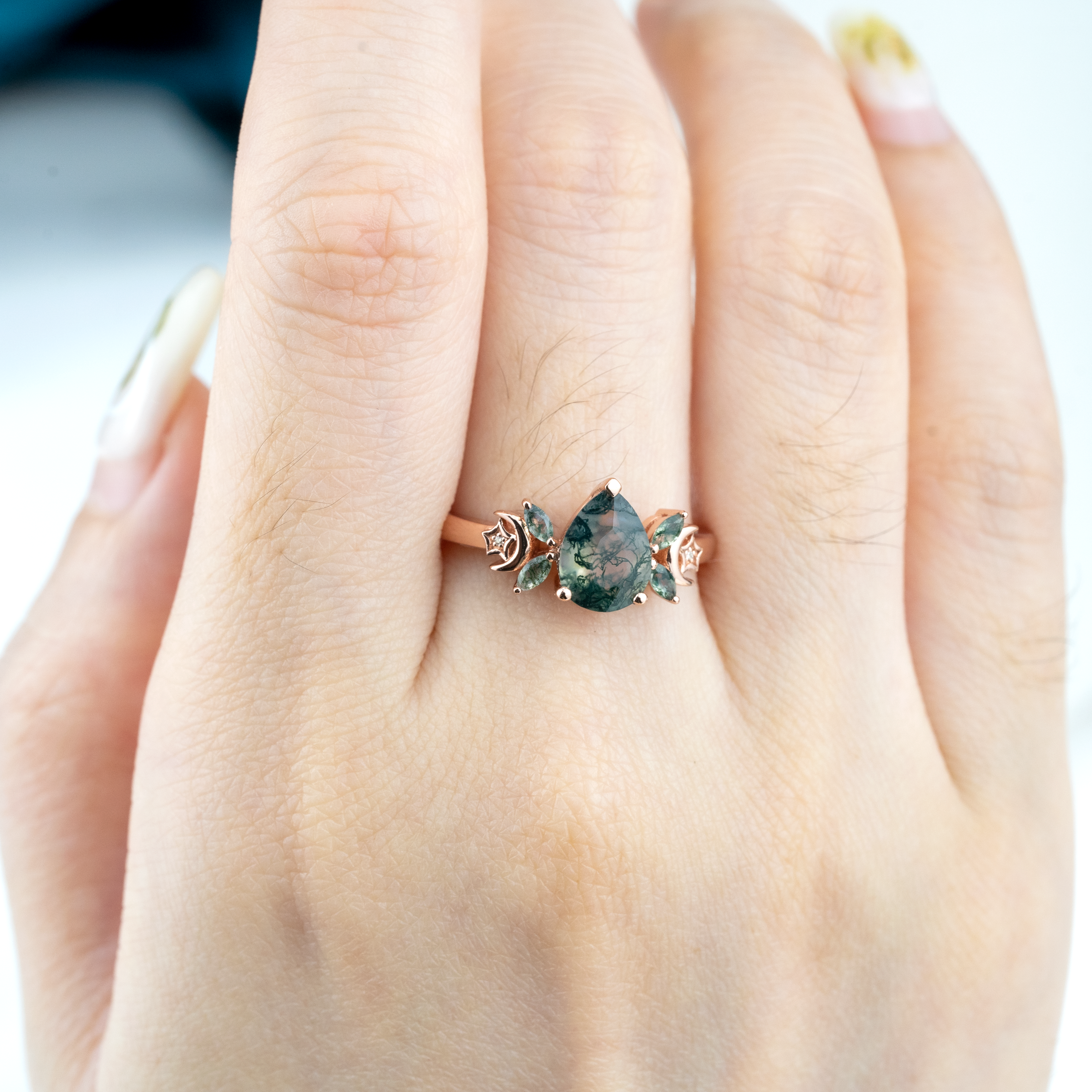 Nature Inspired Design Pear Shape Moss Agate Ring.