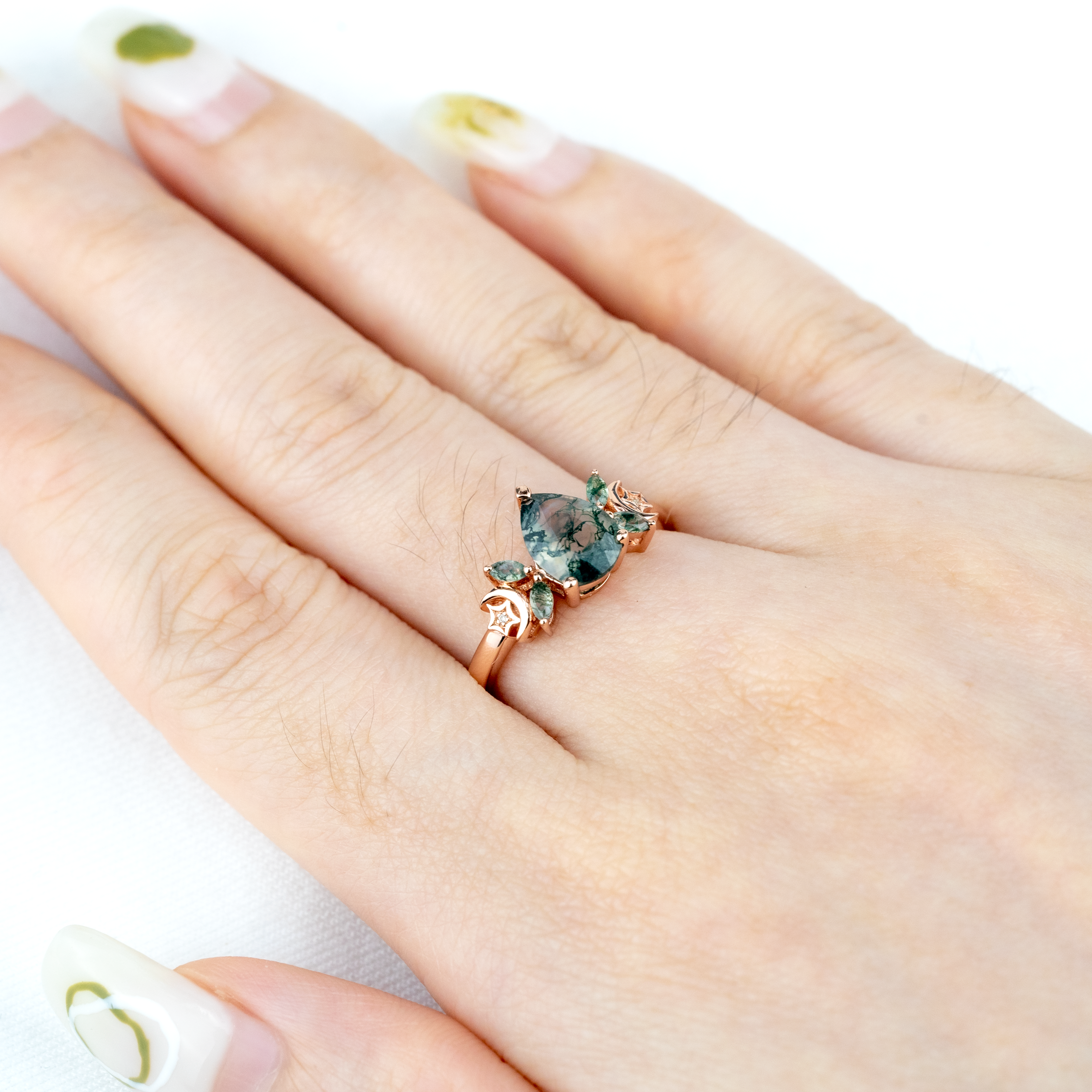 Nature Inspired Design Pear Shape Moss Agate Ring.