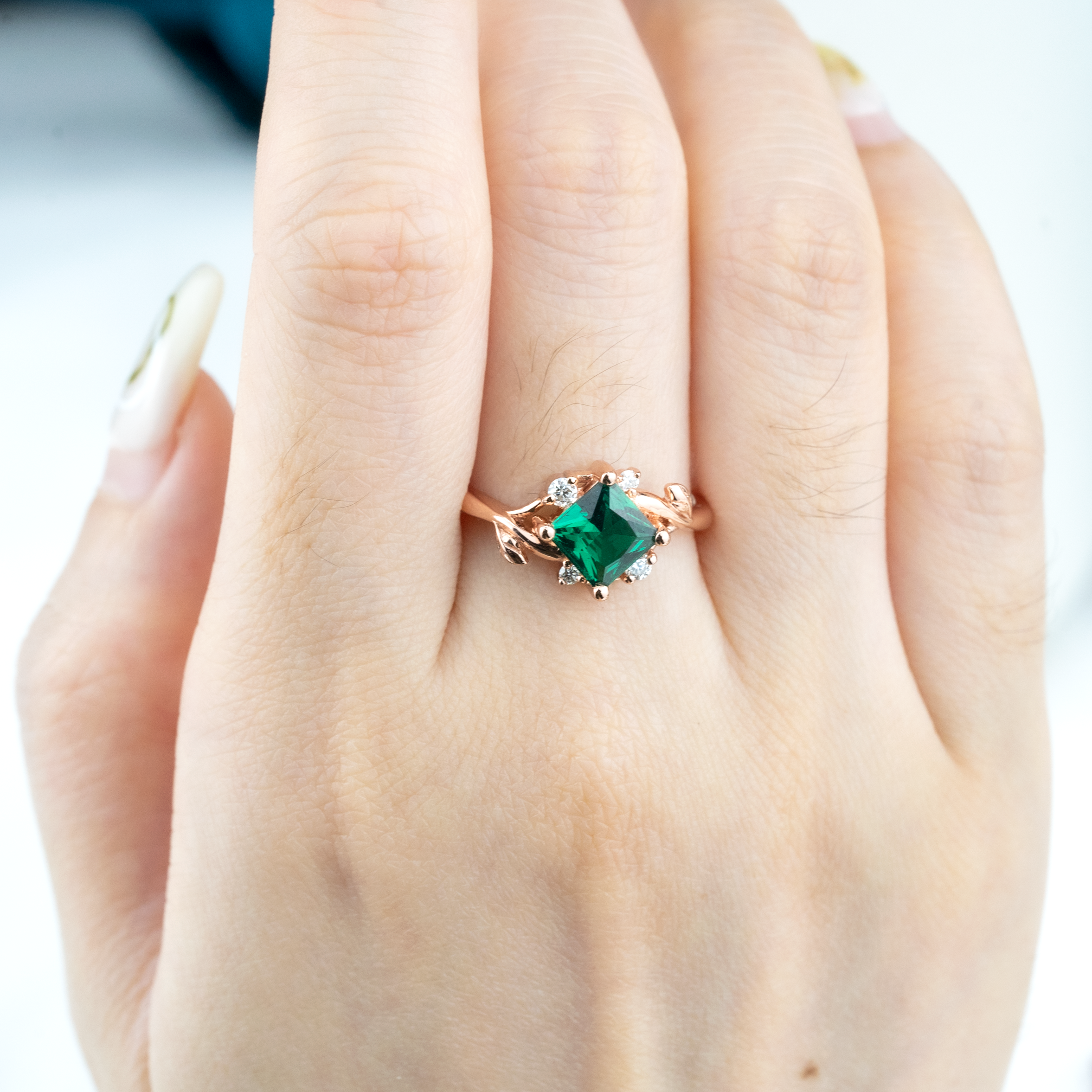 Princess Lab Emerald Engagement Ring With Moissanite.