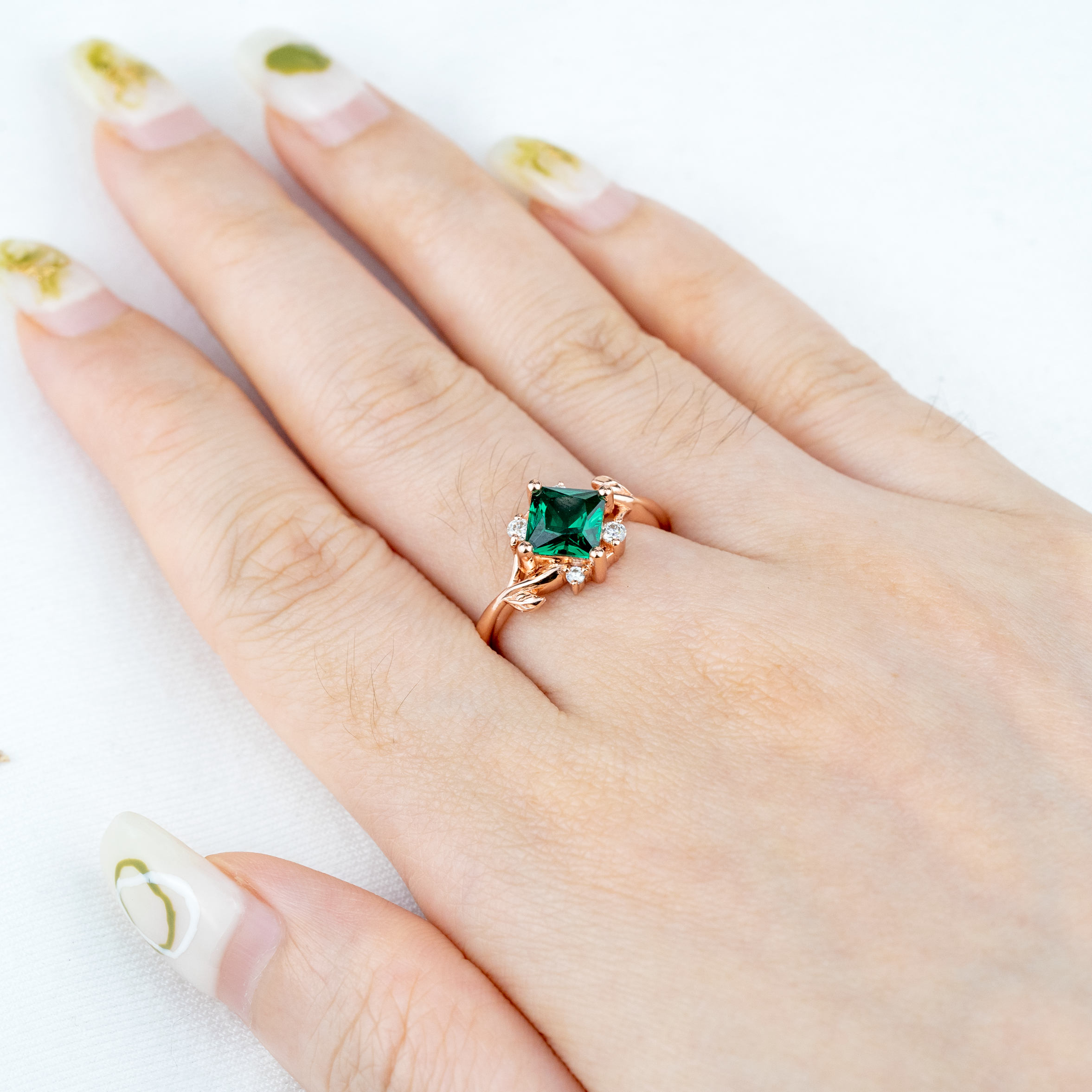 Princess Lab Emerald Engagement Ring With Moissanite.