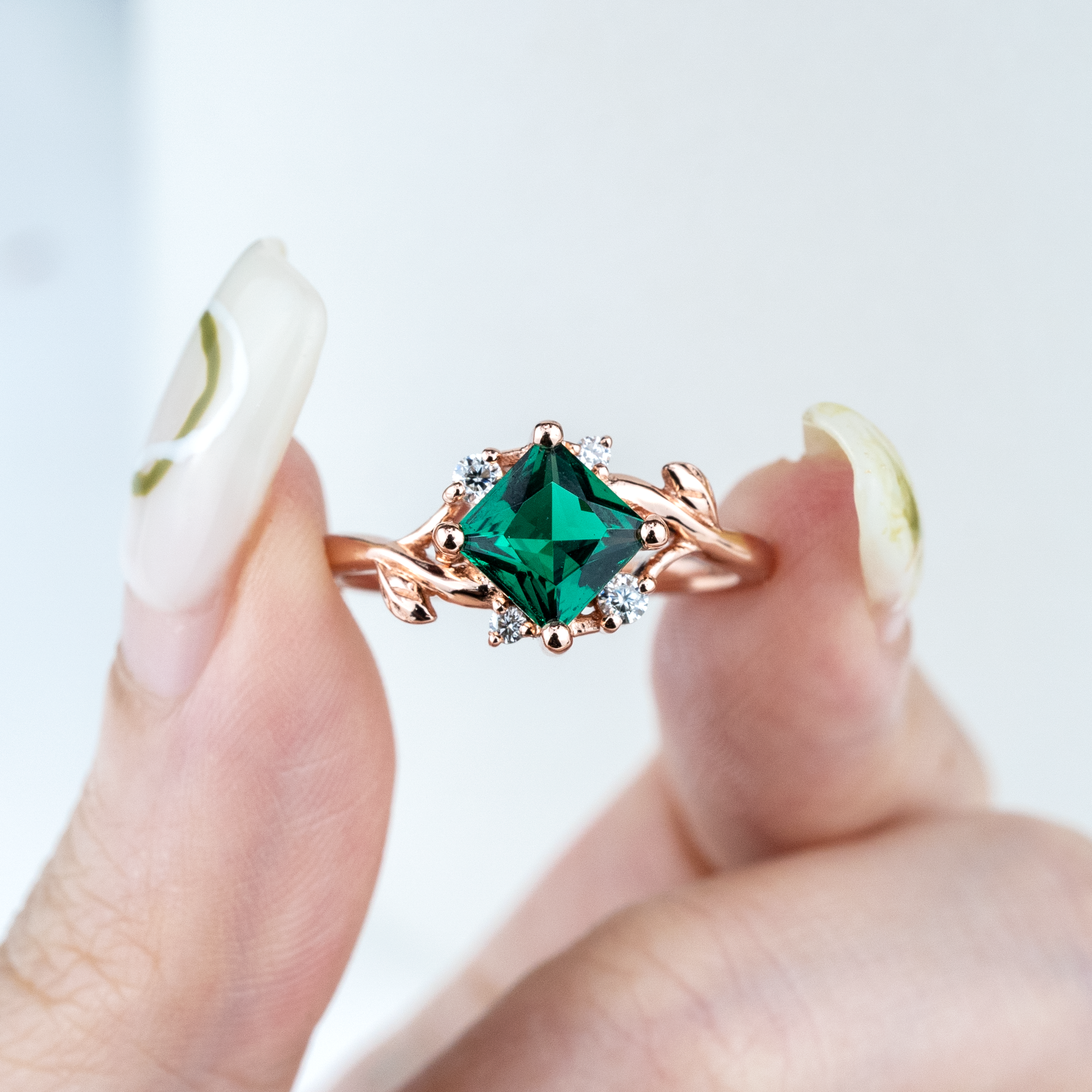 Princess Lab Emerald Engagement Ring With Moissanite.