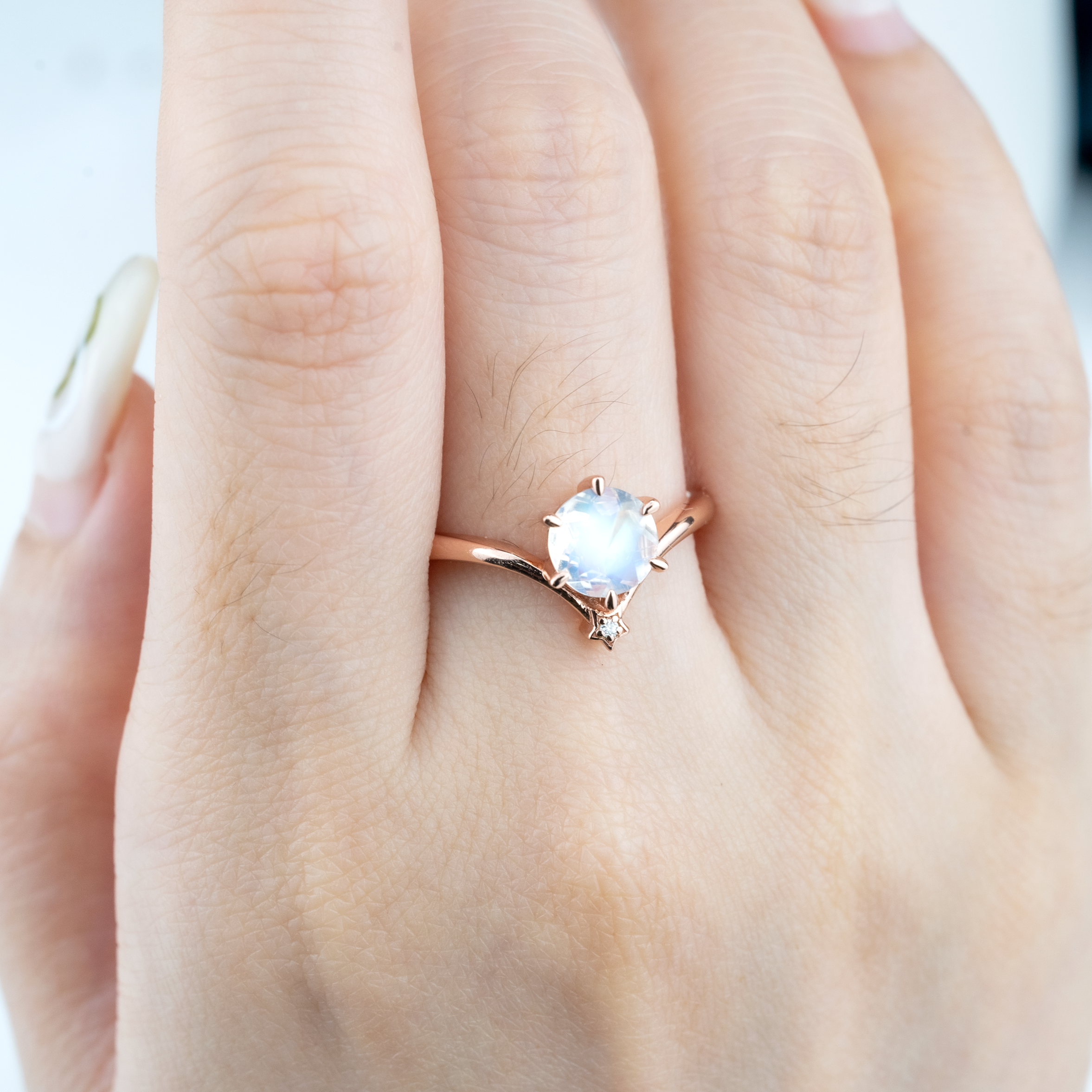 Minimalist Round Moonstone Engagement Ring With Moissanite.