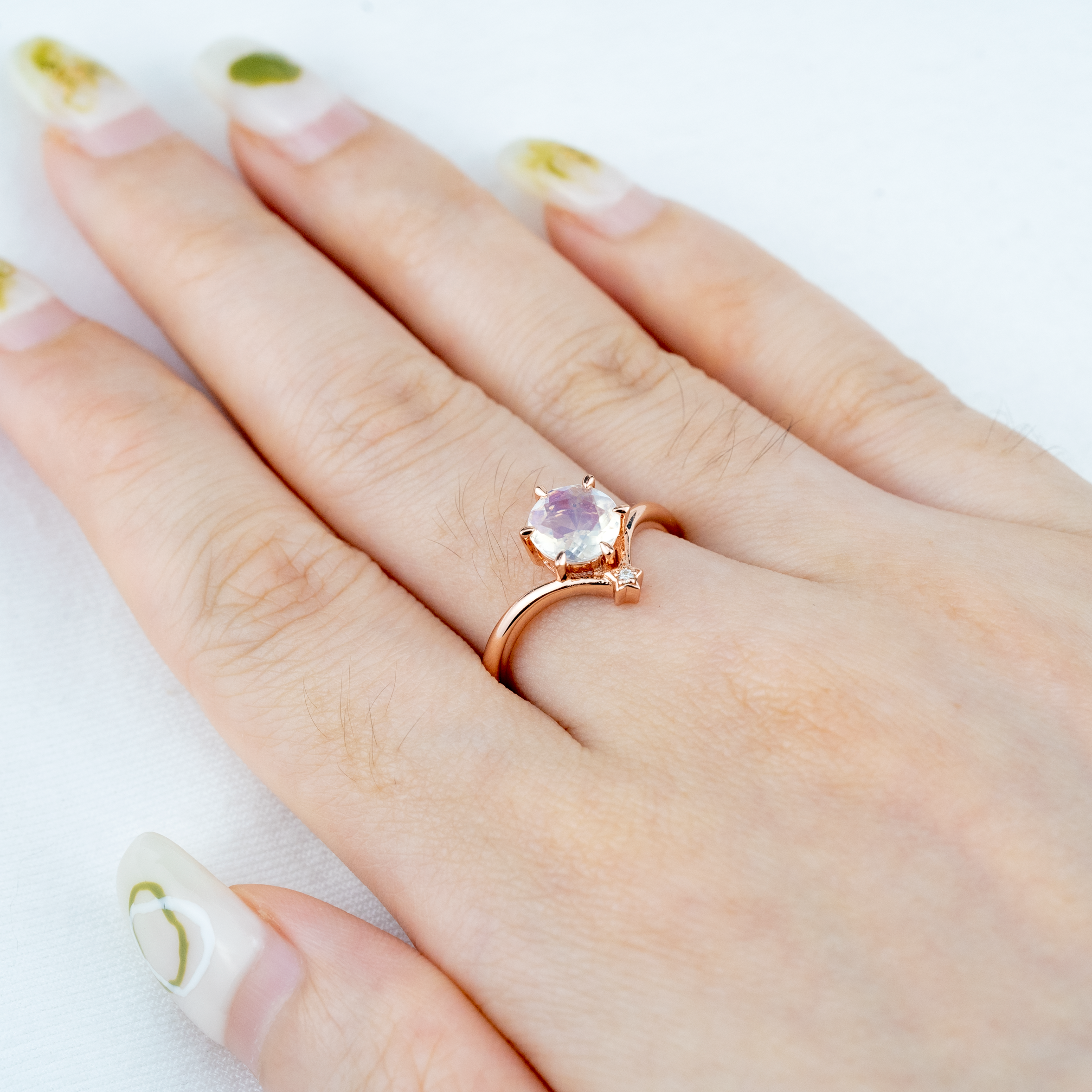 Minimalist Round Moonstone Engagement Ring With Moissanite.