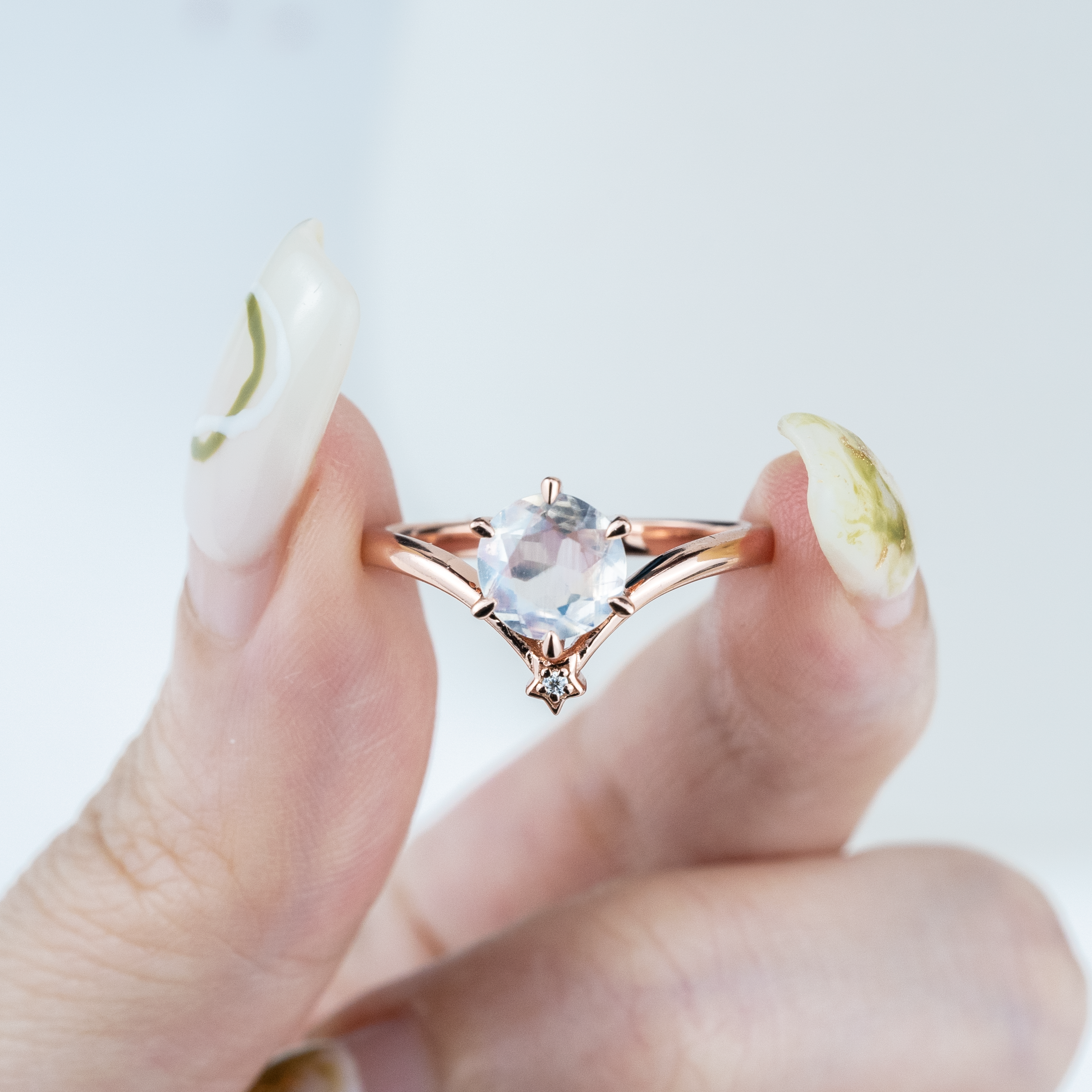 Minimalist Round Moonstone Engagement Ring With Moissanite.