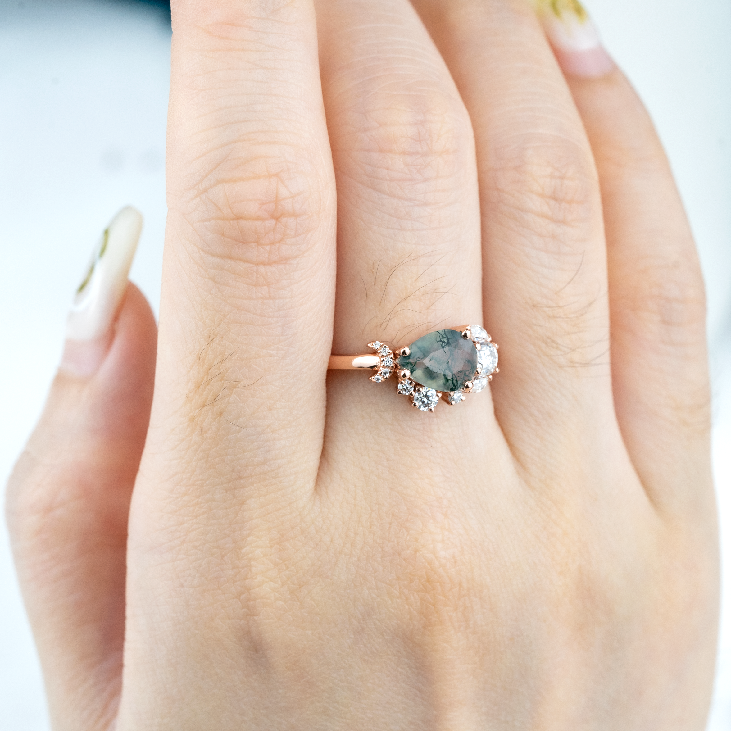Nature Inspired Design Pear Shape Moss Agate Ring With Moissanite.