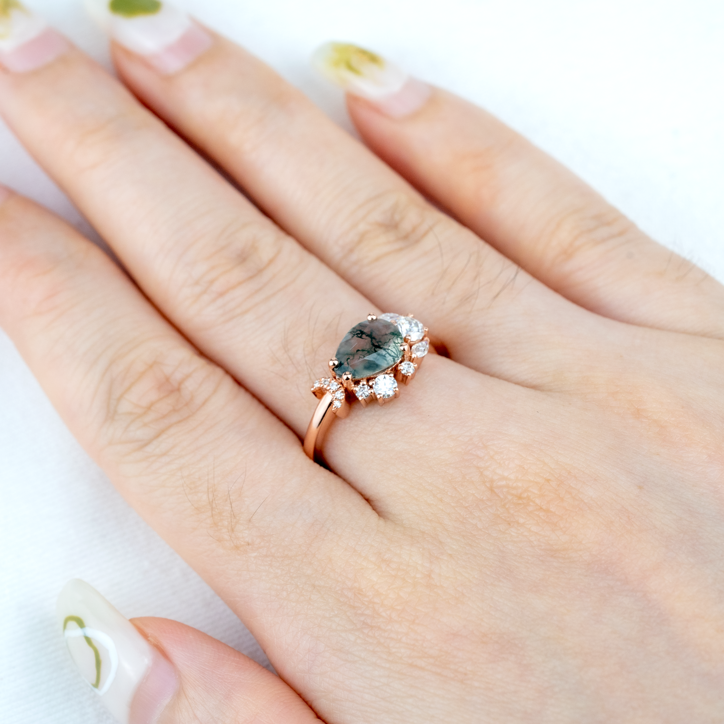 Nature Inspired Design Pear Shape Moss Agate Ring With Moissanite.