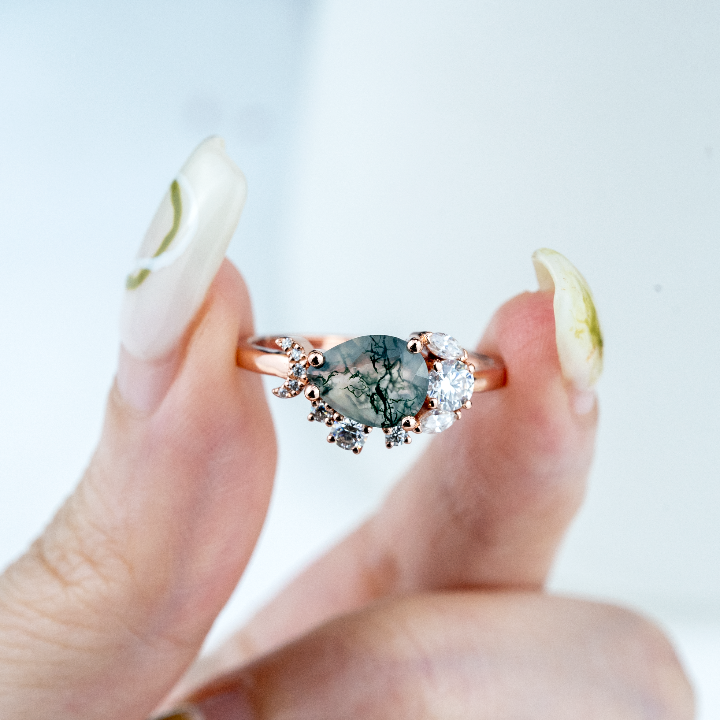 Nature Inspired Design Pear Shape Moss Agate Ring With Moissanite.