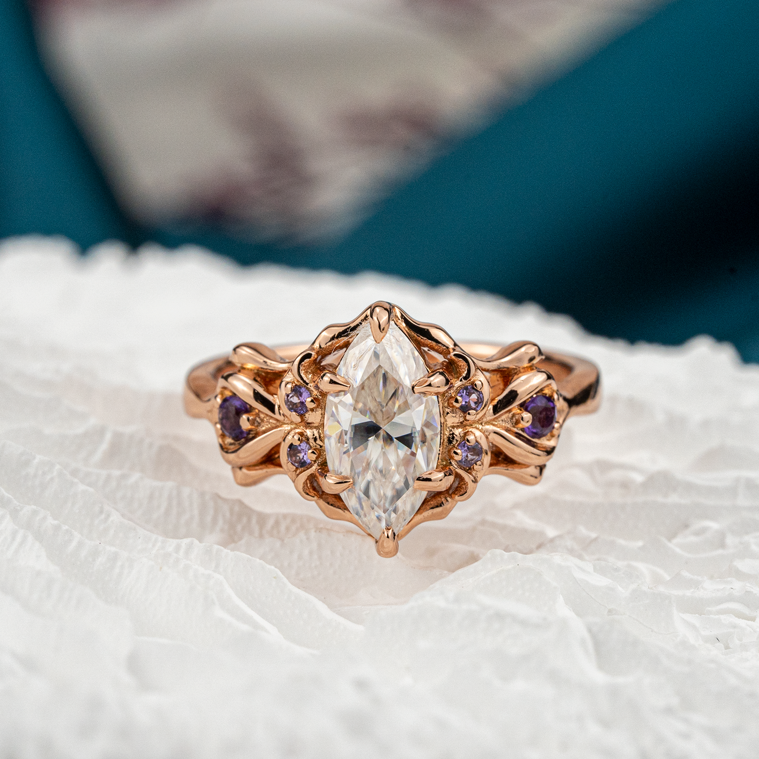 Marquise Moissanite Ring with Amethyst - Exquisite Engagement Jewelry