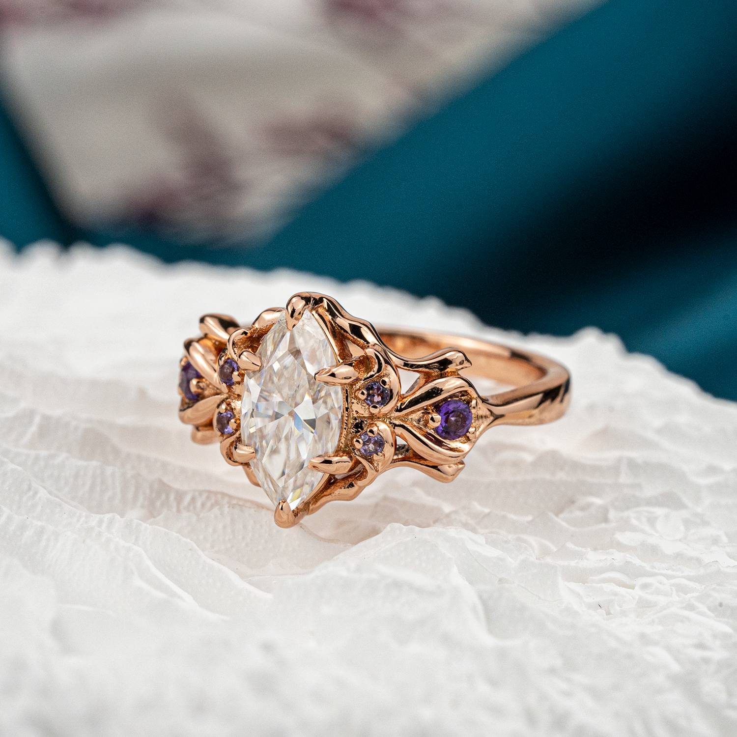 Marquise Moissanite Ring with Amethyst - Exquisite Engagement Jewelry