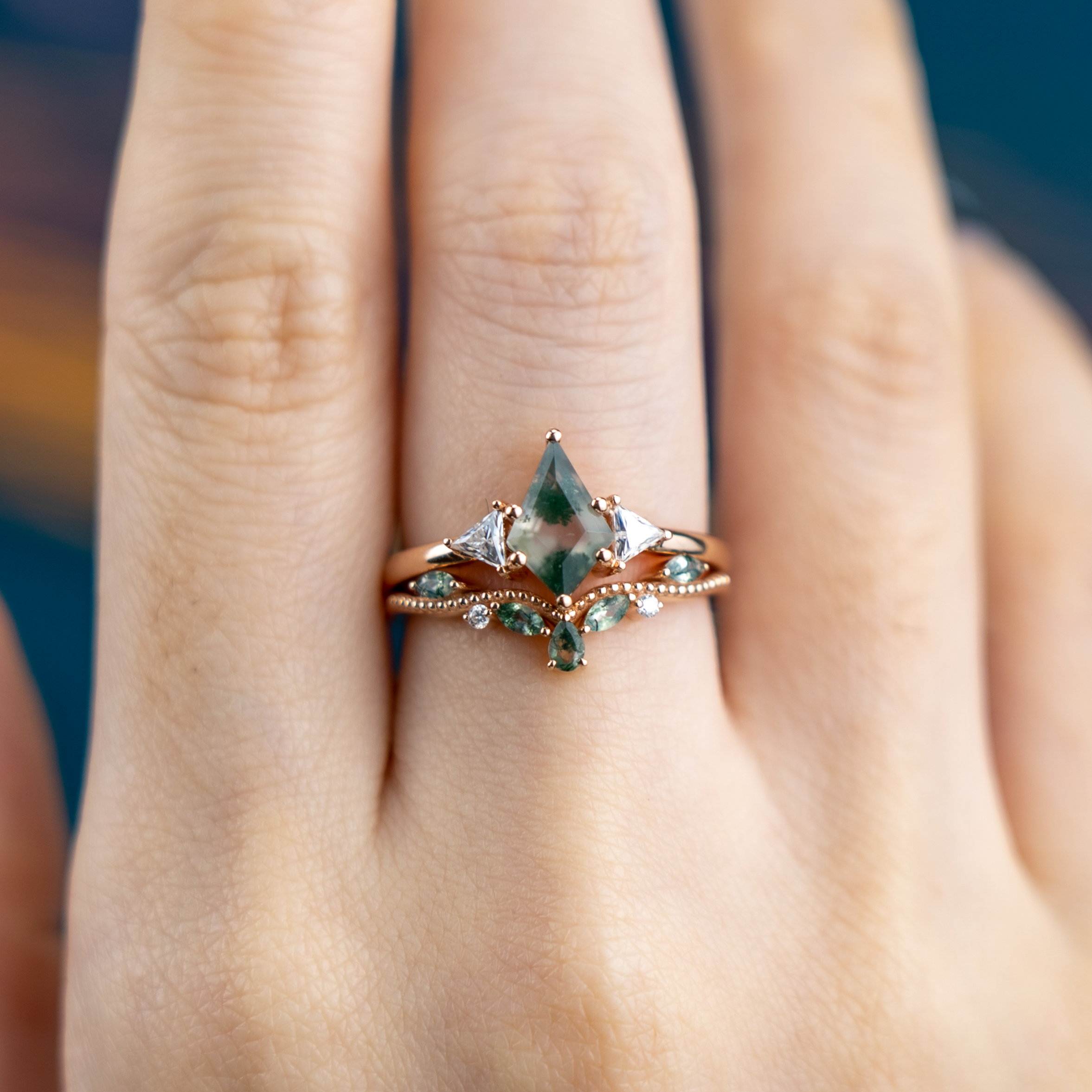 Kite Cut Moss Agate Engagement Ring Set Nature Inspired Design.