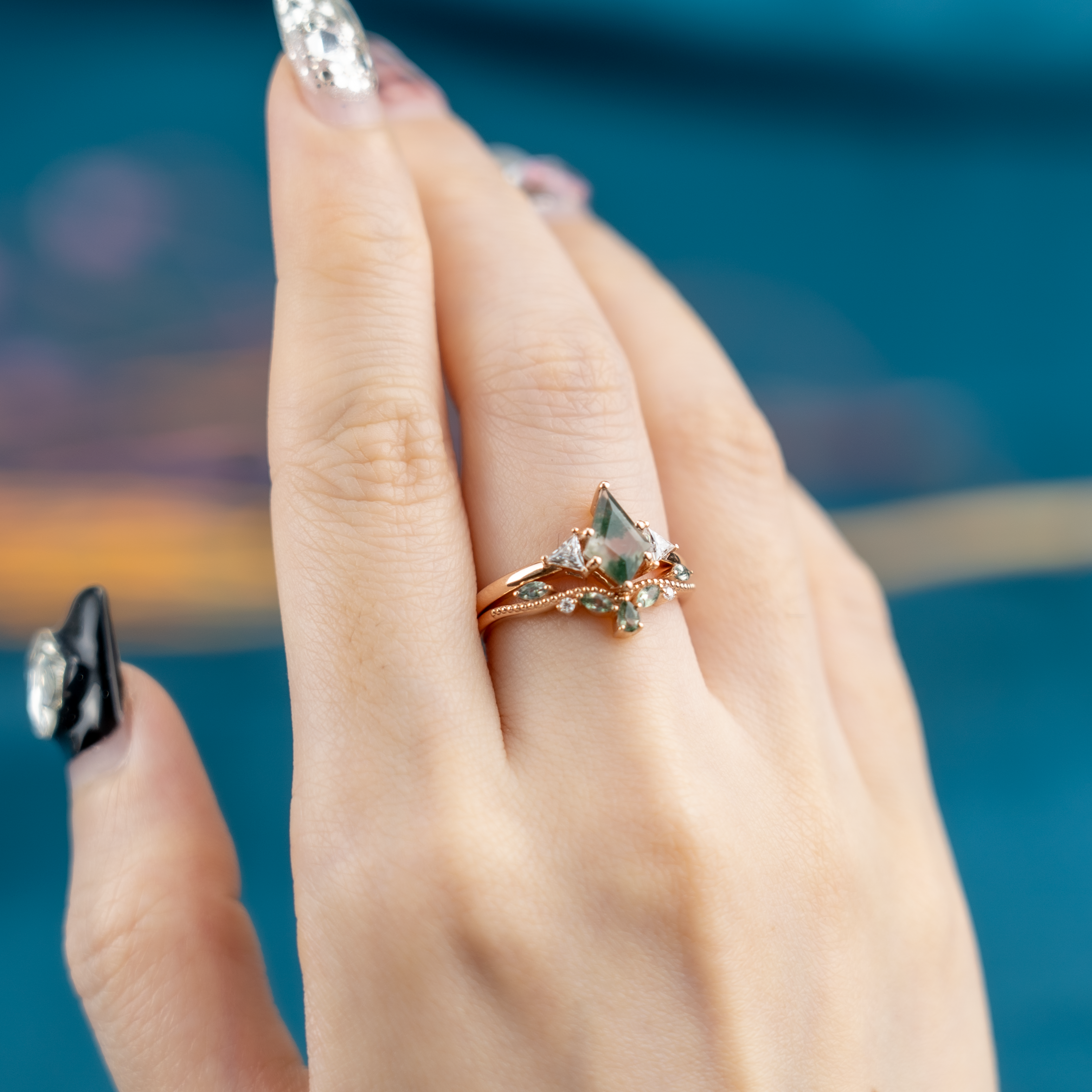 Kite Cut Moss Agate Engagement Ring Set Nature Inspired Design.
