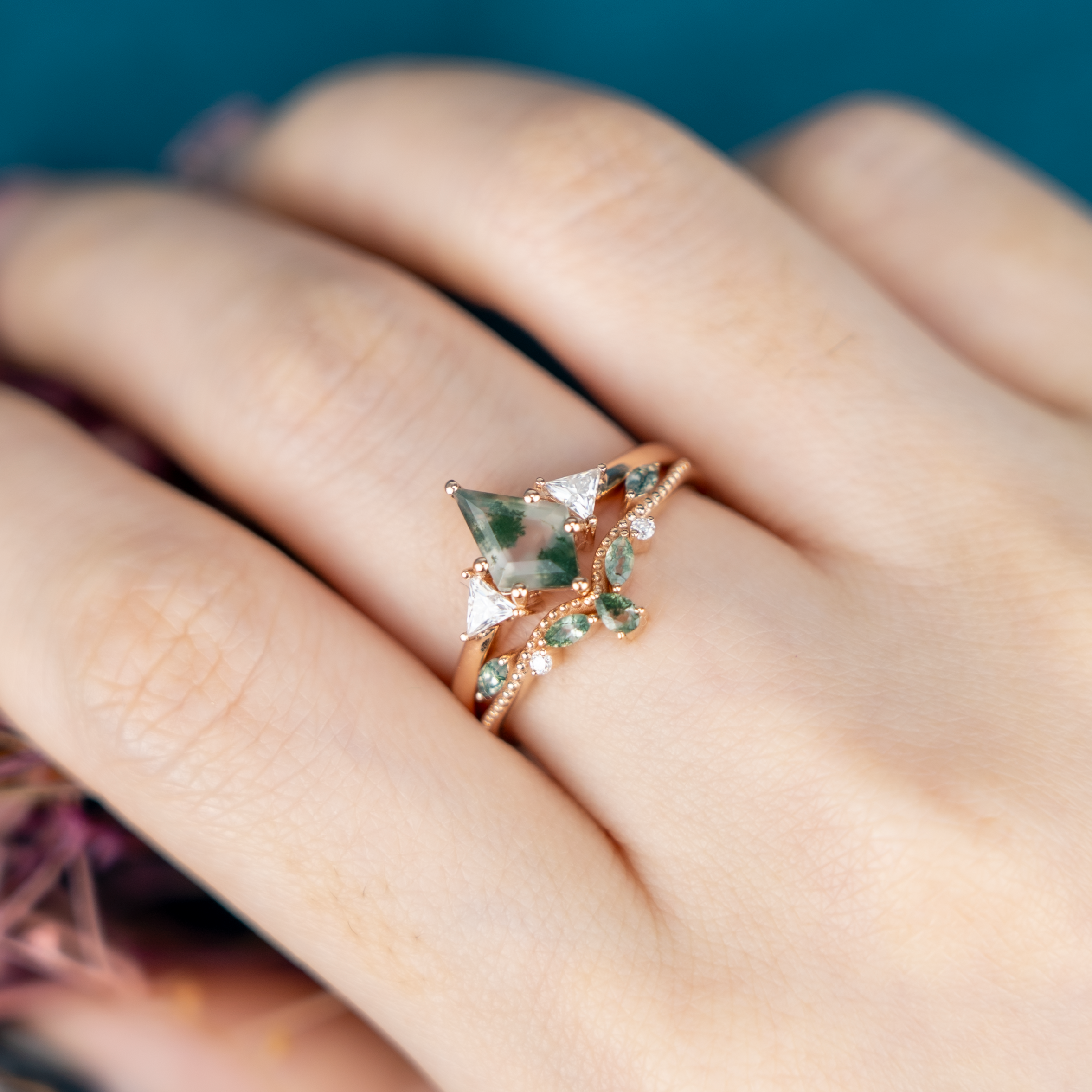 Kite Cut Moss Agate Engagement Ring Set Nature Inspired Design.