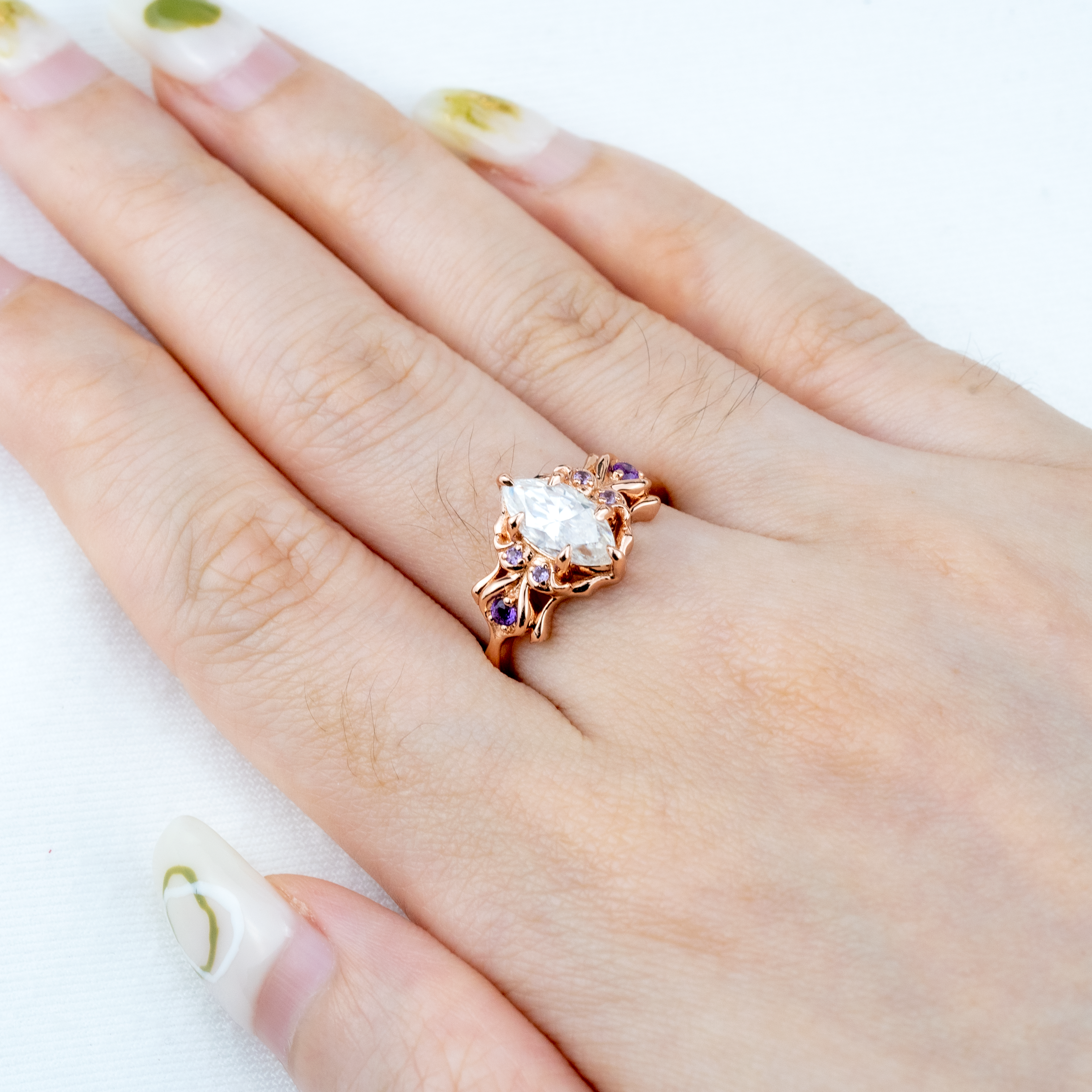 Marquise Moissanite Ring with Amethyst - Exquisite Engagement Jewelry