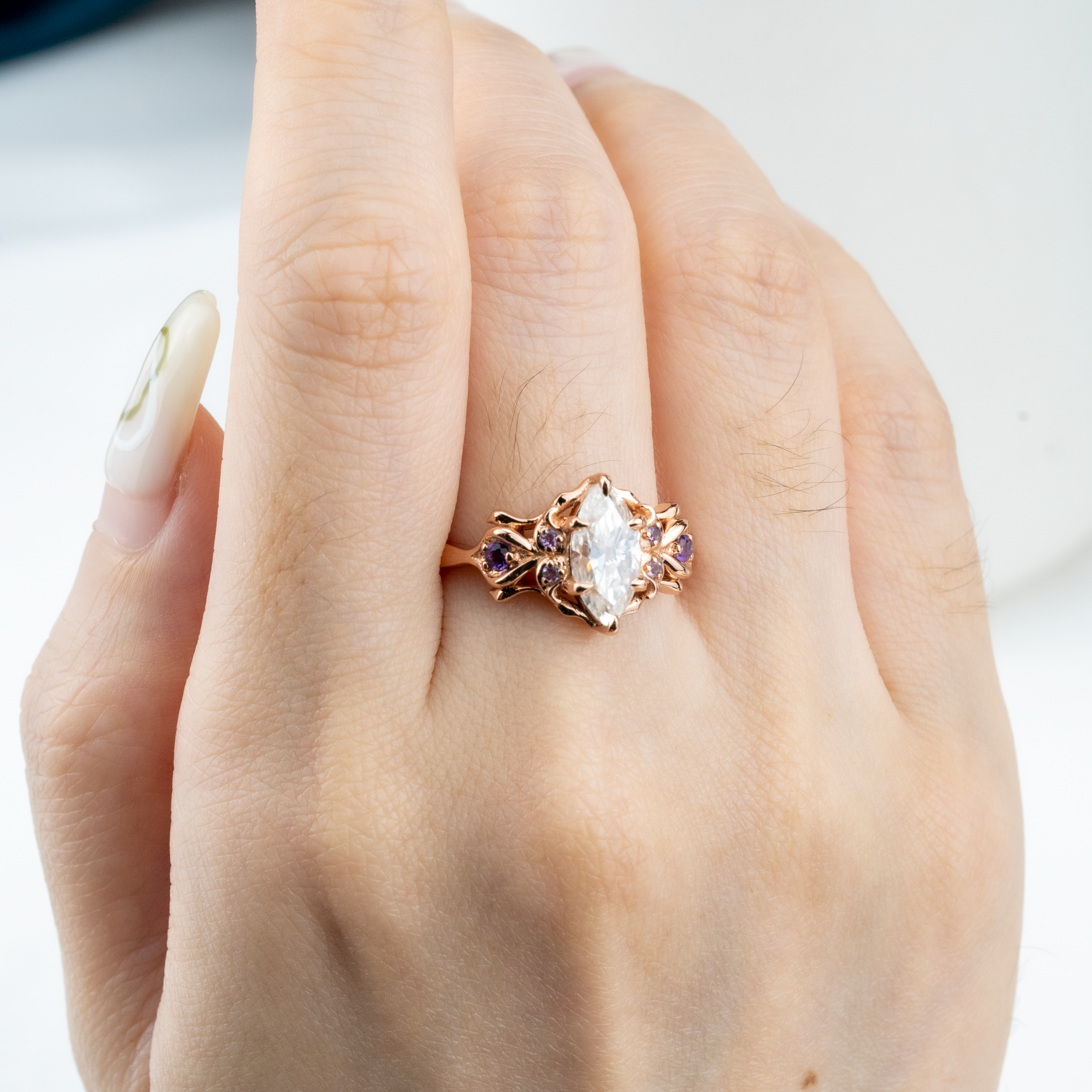 Marquise Moissanite Ring with Amethyst - Exquisite Engagement Jewelry