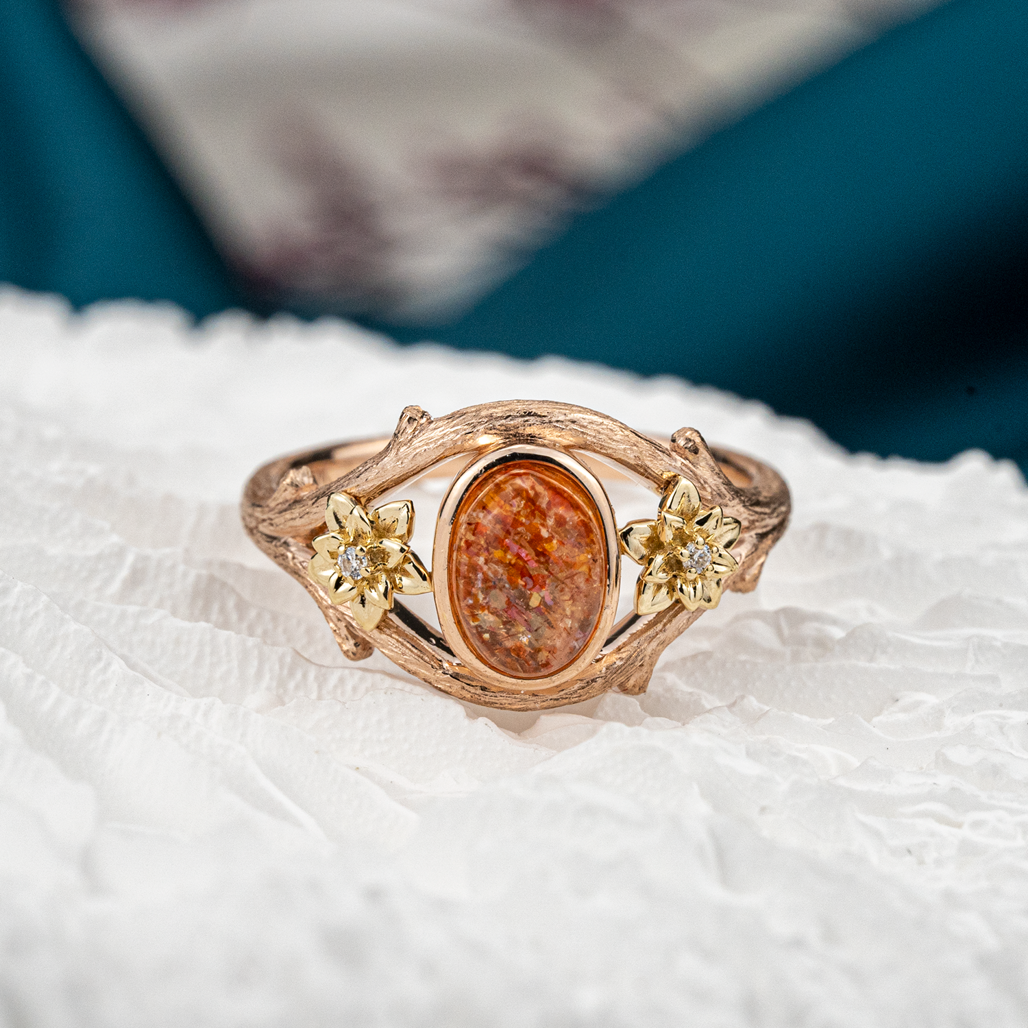 Handmade Sunstone Texture Gold Leaf Ring Engagement/Wedding.