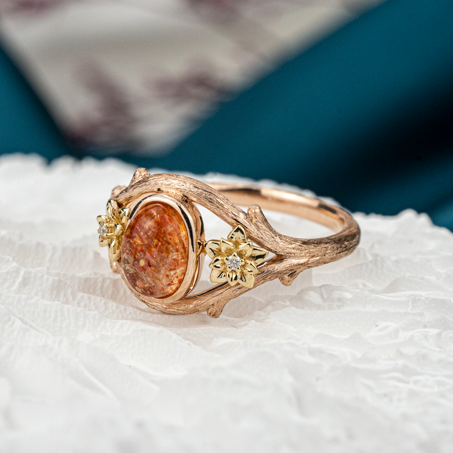 Handmade Sunstone Texture Gold Leaf Ring Engagement/Wedding.