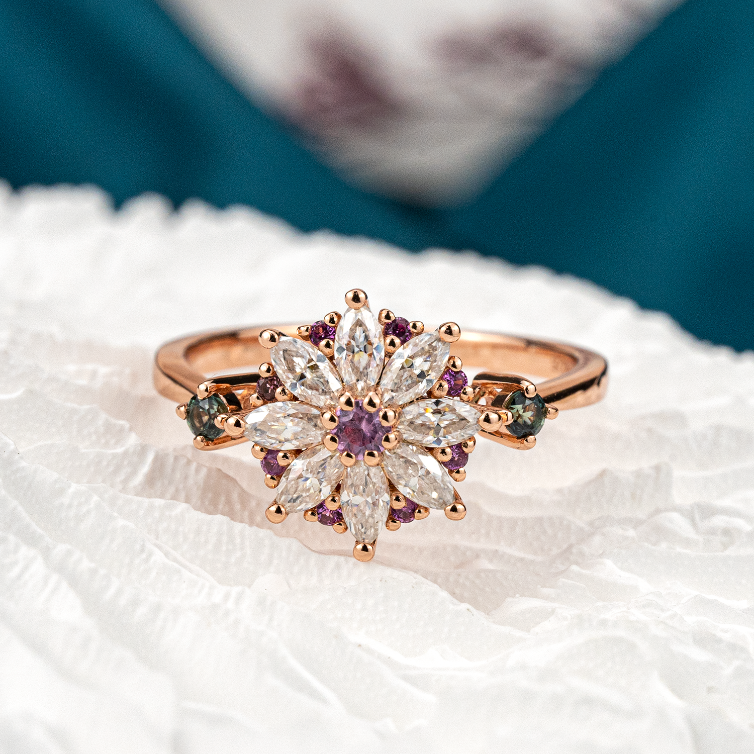 Moissanite Amethyst Flower Cluster Ring.