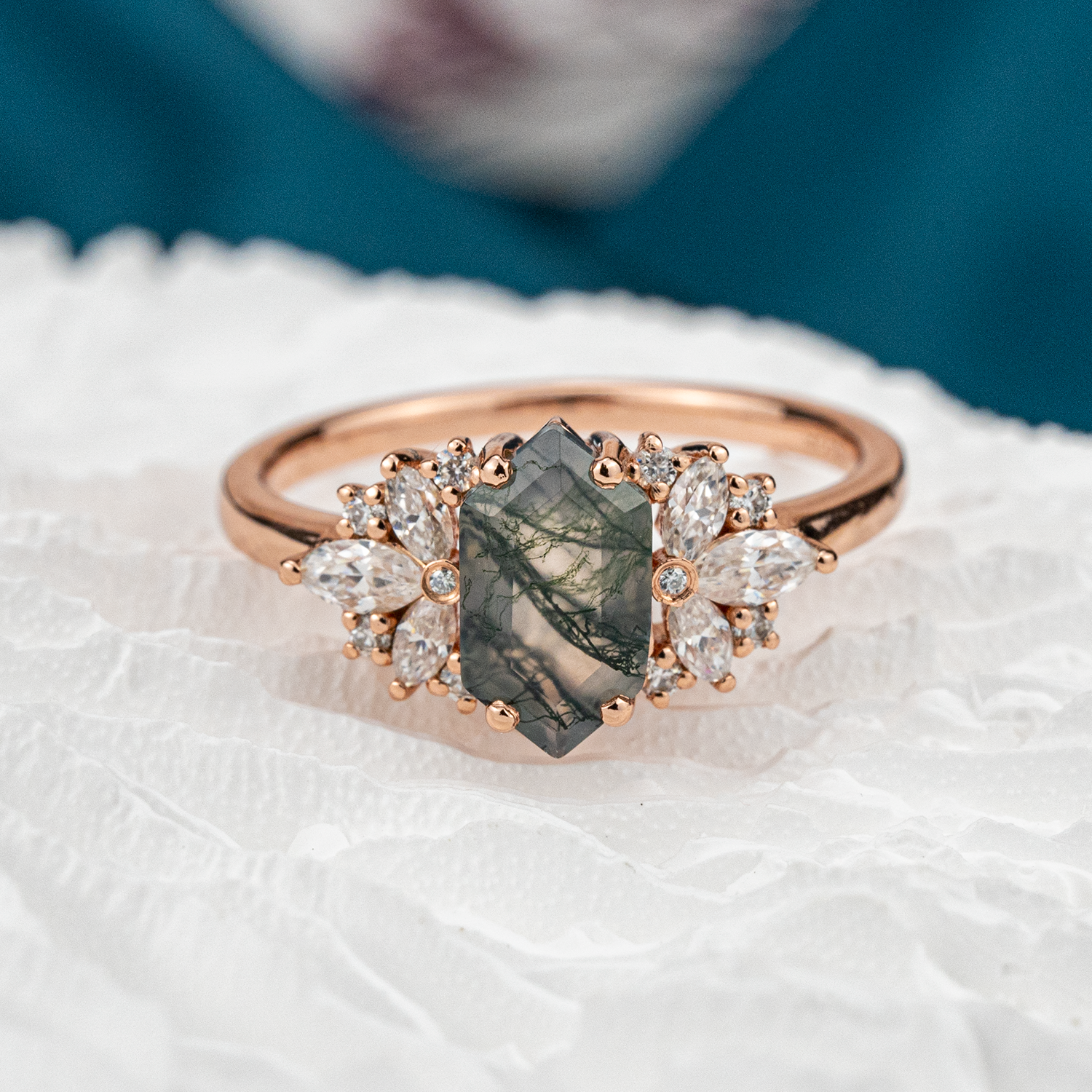 Long Hexagon Moss Agate Flower Cluster Engagement Gold Ring With Moissanite.