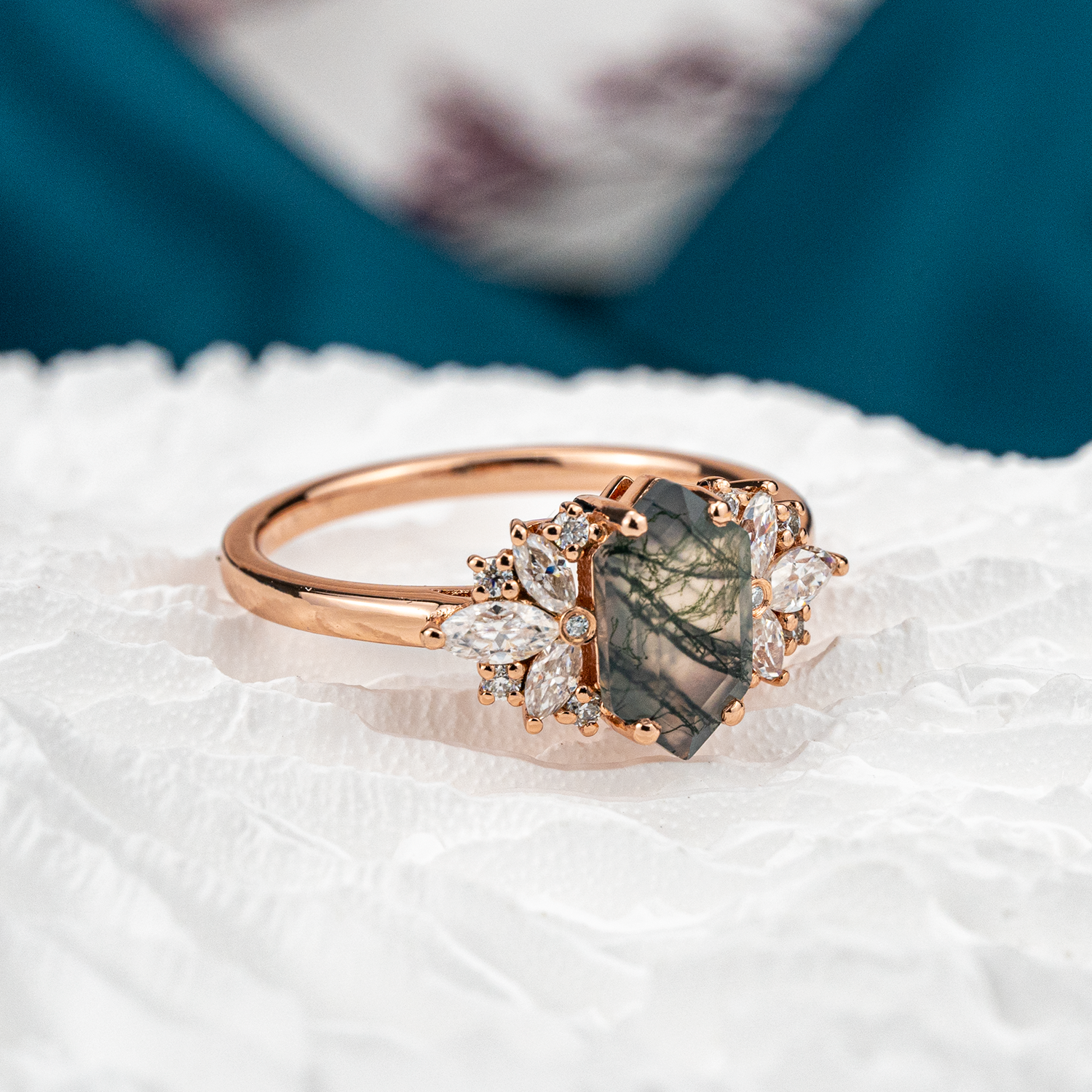 Long Hexagon Moss Agate Flower Cluster Engagement Gold Ring With Moissanite.