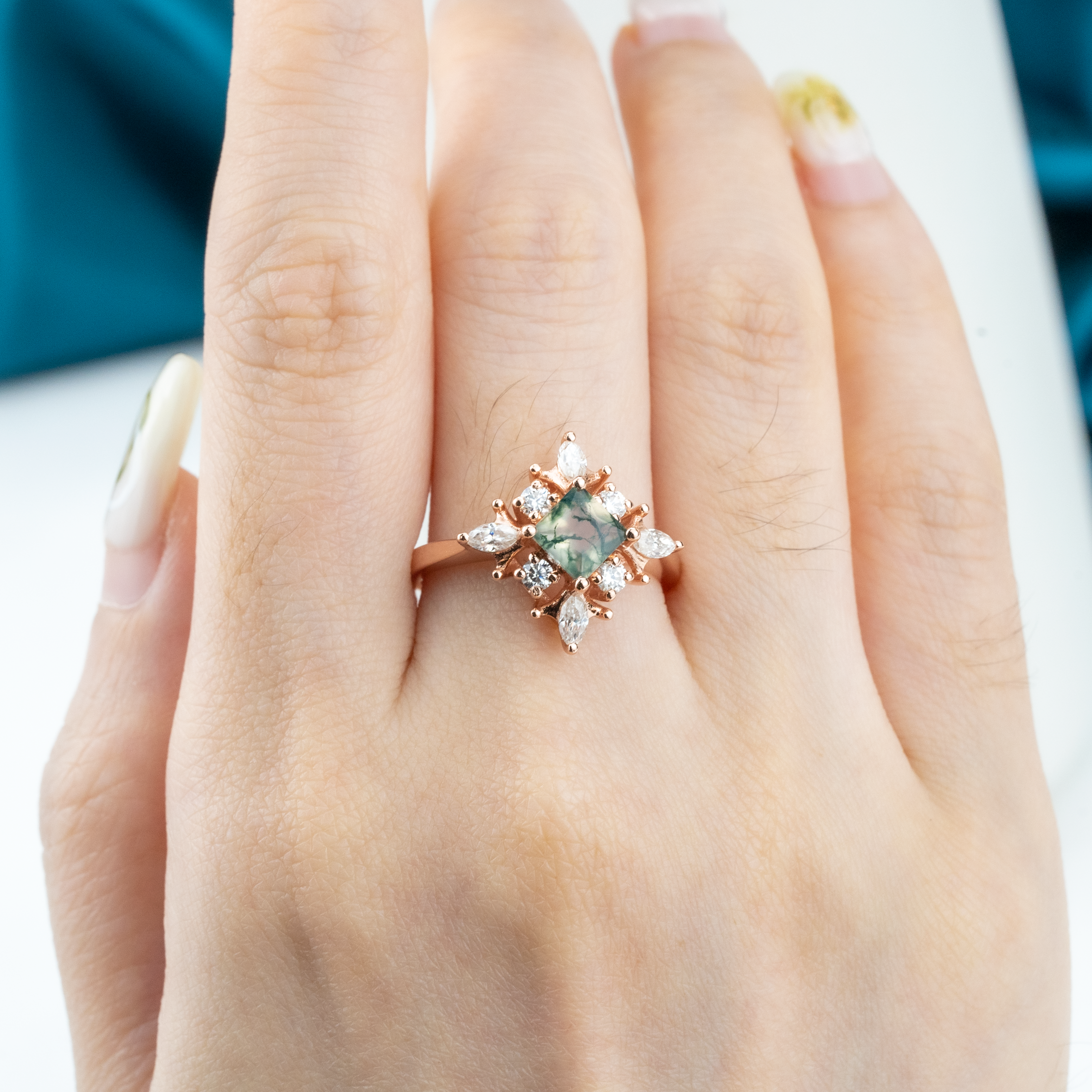 Princess Moss Agate Gold Engagement Ring With Moissanite.