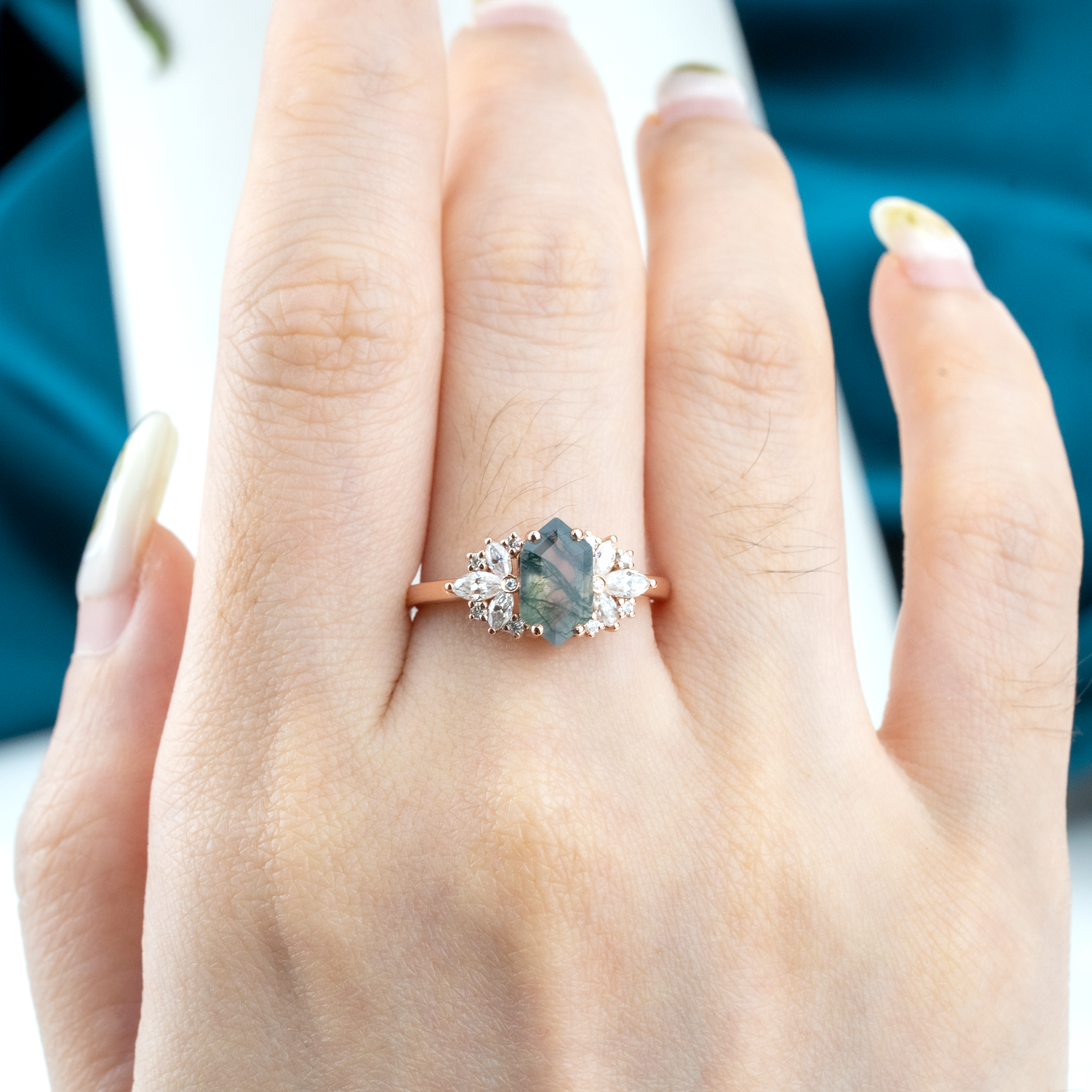 Long Hexagon Moss Agate Flower Cluster Engagement Gold Ring With Moissanite.