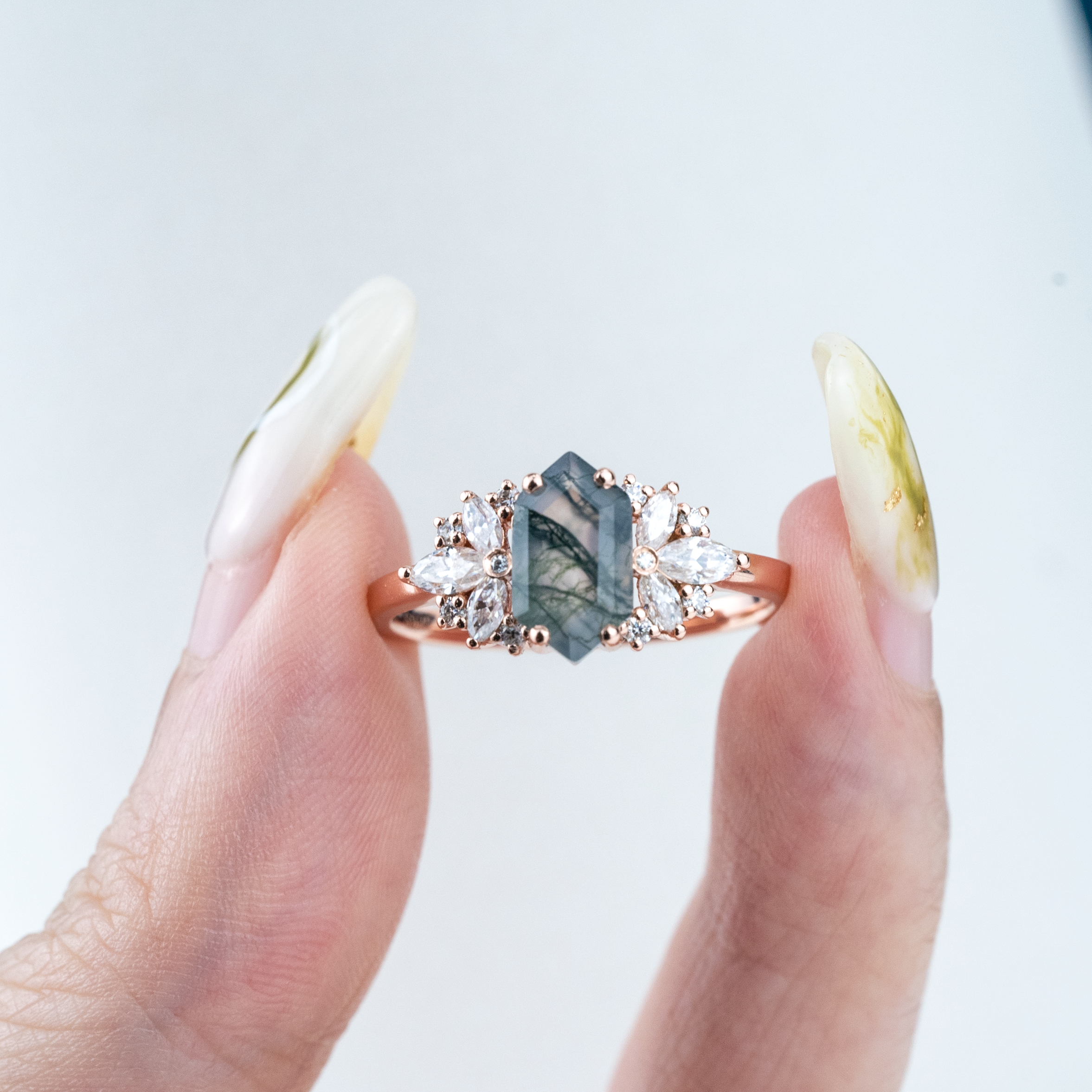 Long Hexagon Moss Agate Flower Cluster Engagement Gold Ring With Moissanite.
