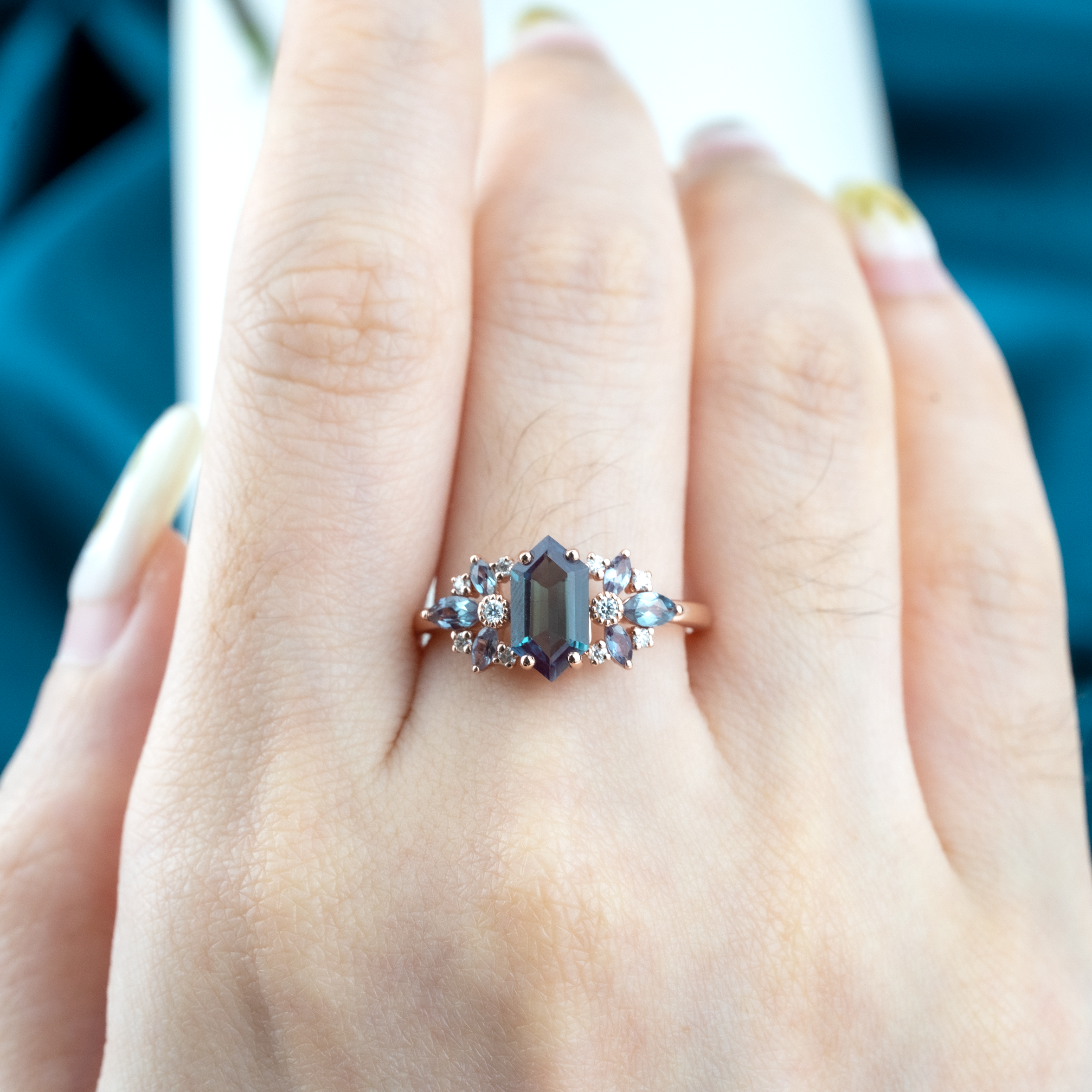 Long Hexagonal Lab Alexandrite Flower Cluster Gold Engagement Ring.