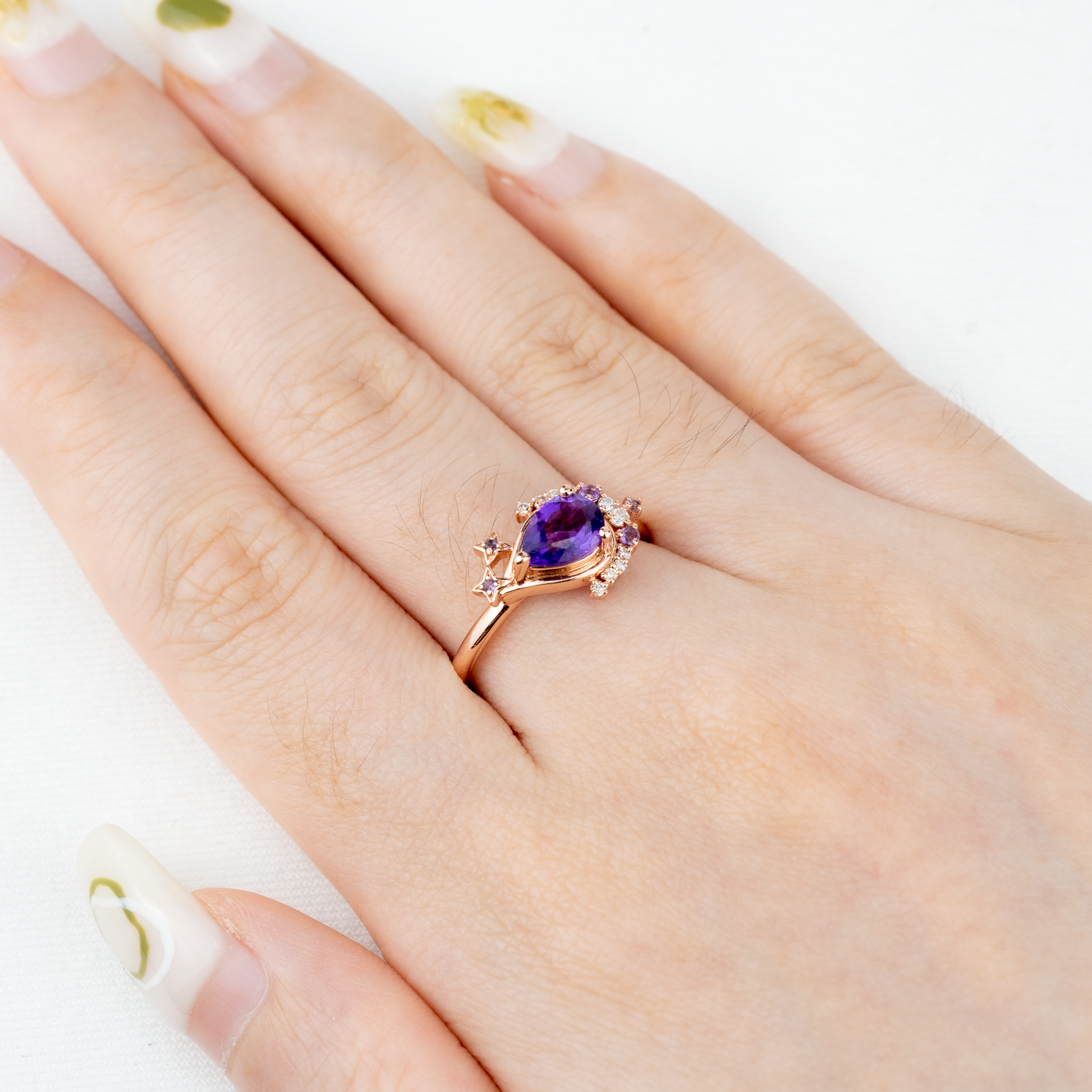 Pear Amethyst Star and Moon Ring With Moissanite.