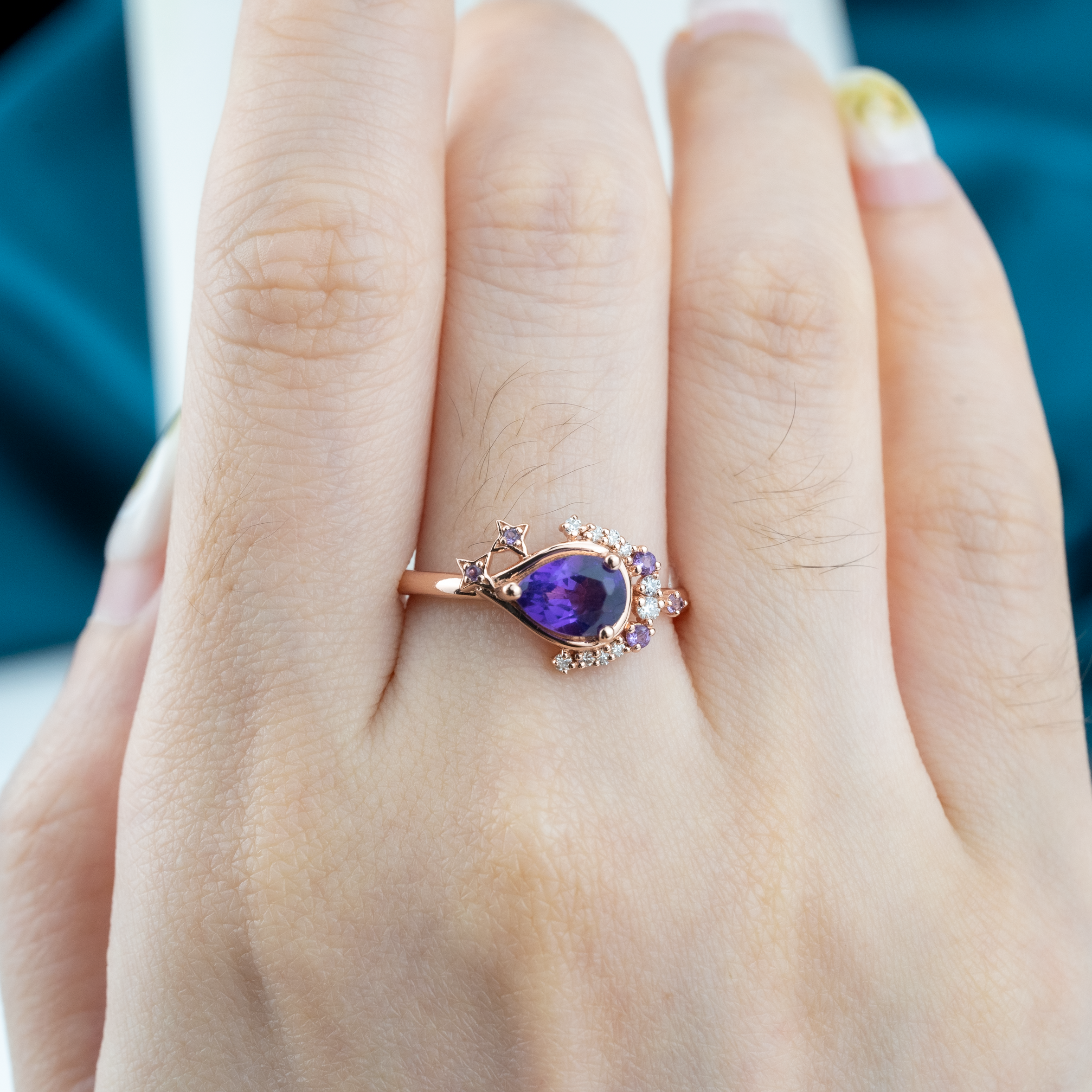Pear Amethyst Star and Moon Ring With Moissanite.