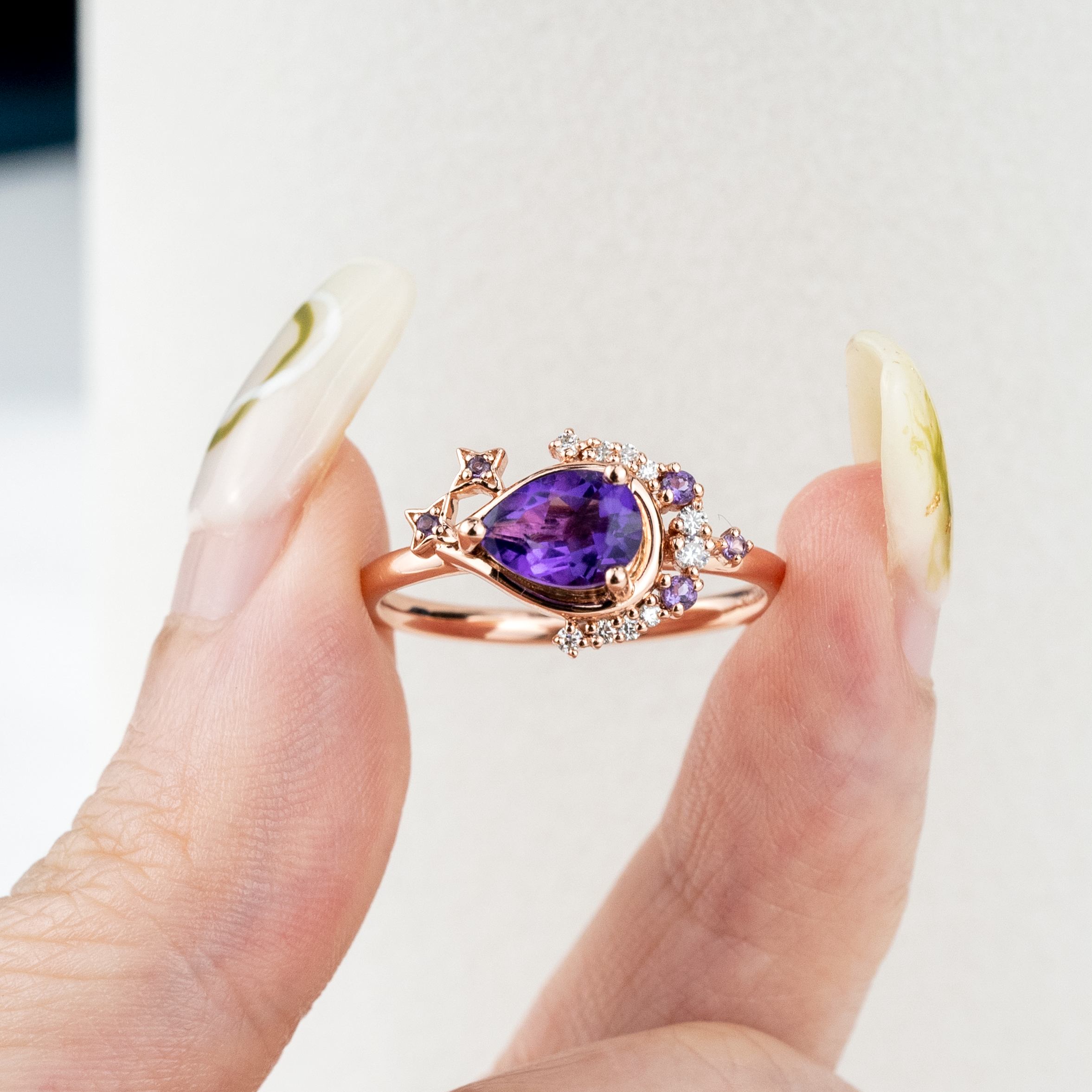 Pear Amethyst Star and Moon Ring With Moissanite.