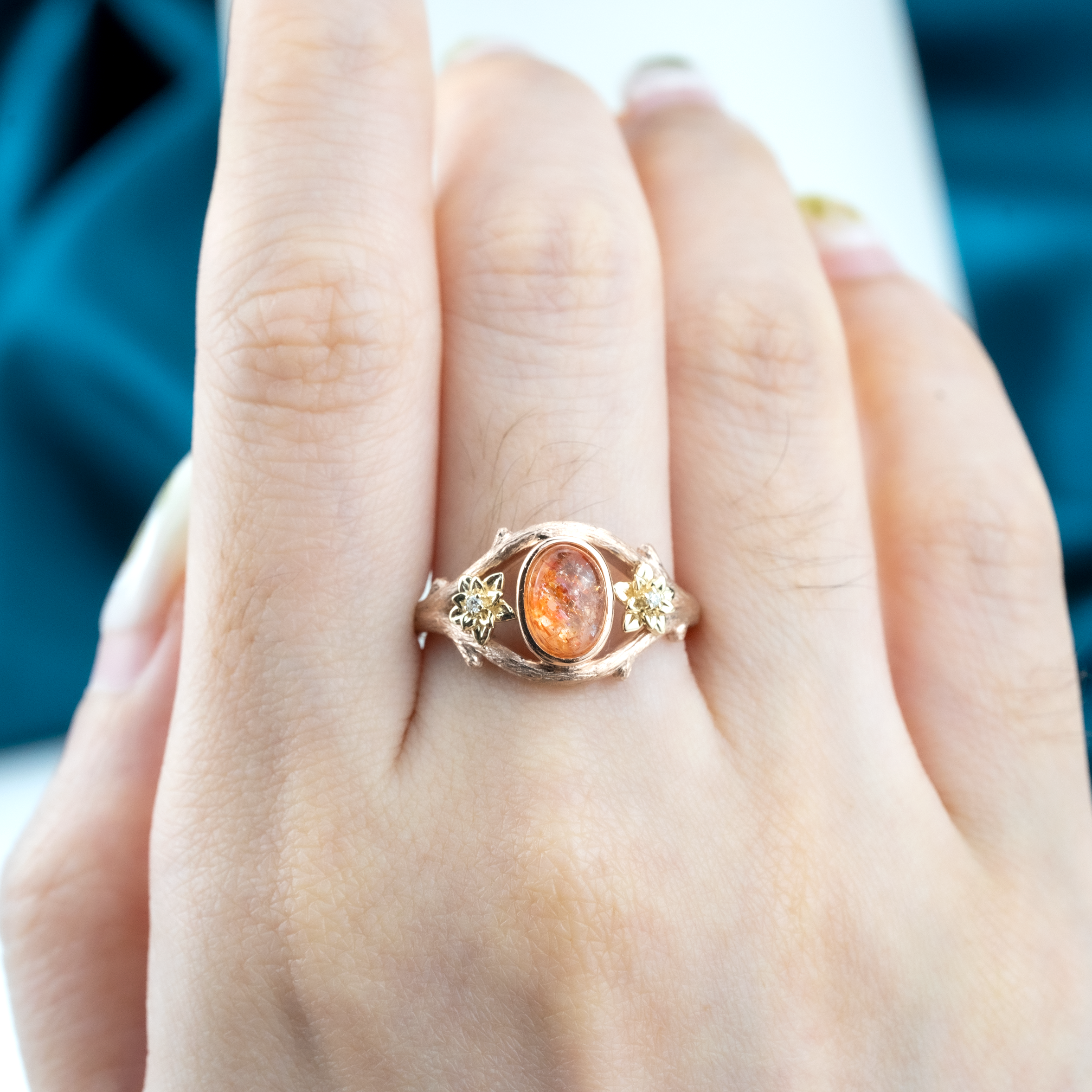 Handmade Sunstone Texture Gold Leaf Ring Engagement/Wedding.