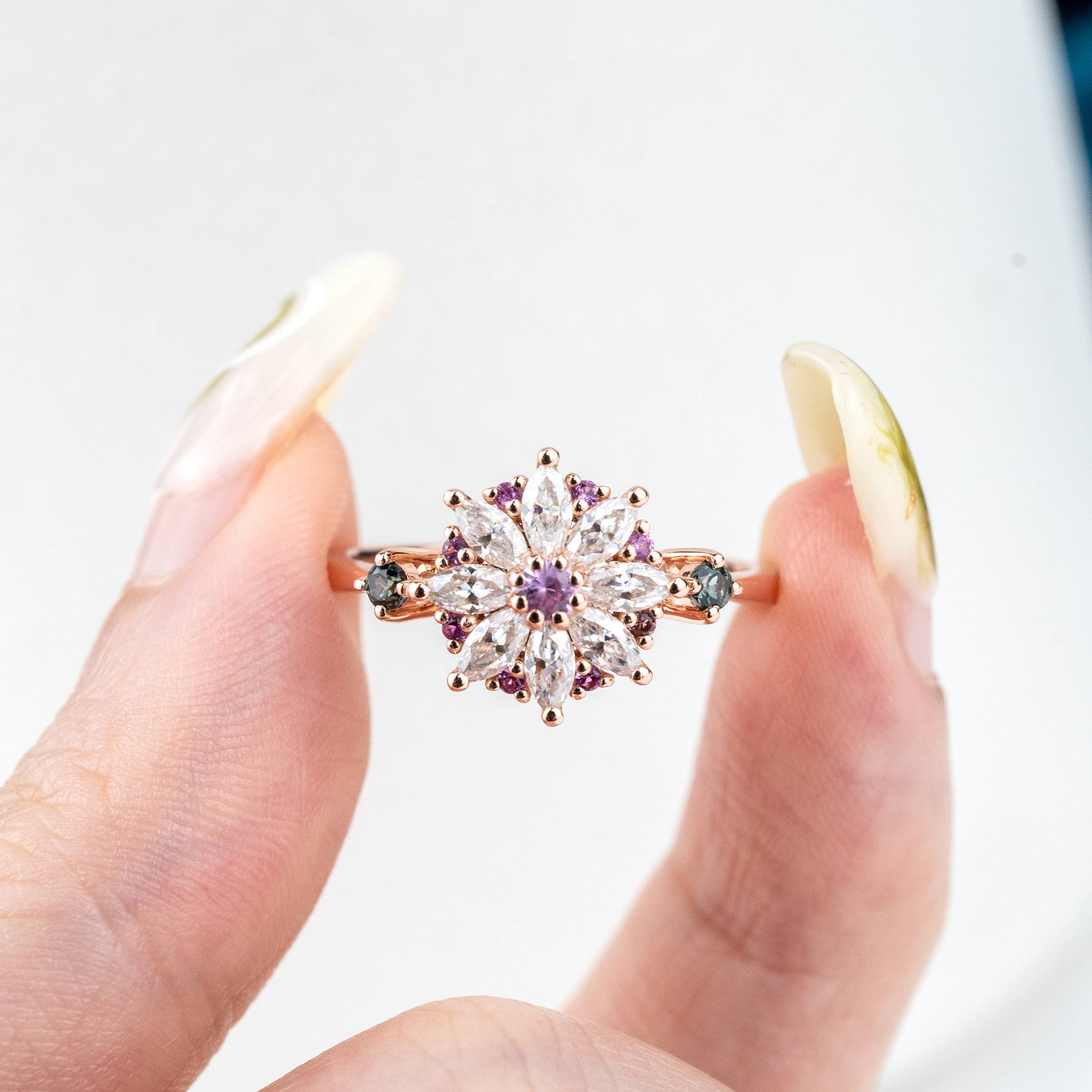 Moissanite Amethyst Flower Cluster Ring.