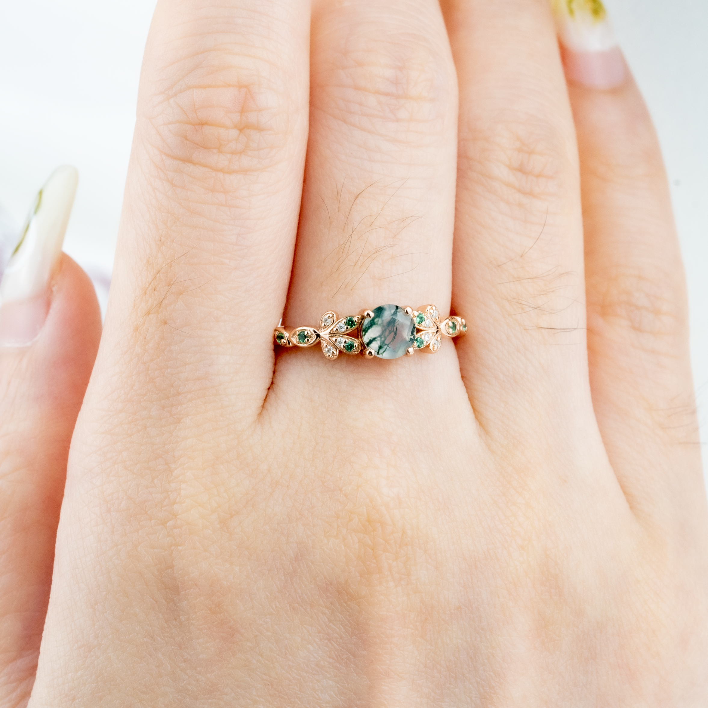 Round Moss Agate Rose Gold Ring.