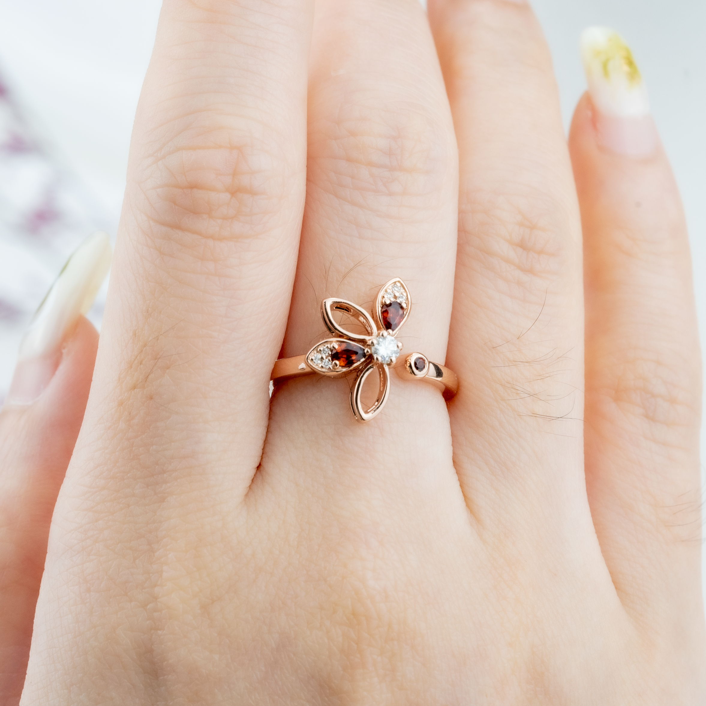 Sakura Flower Garnet Petal Ring.
