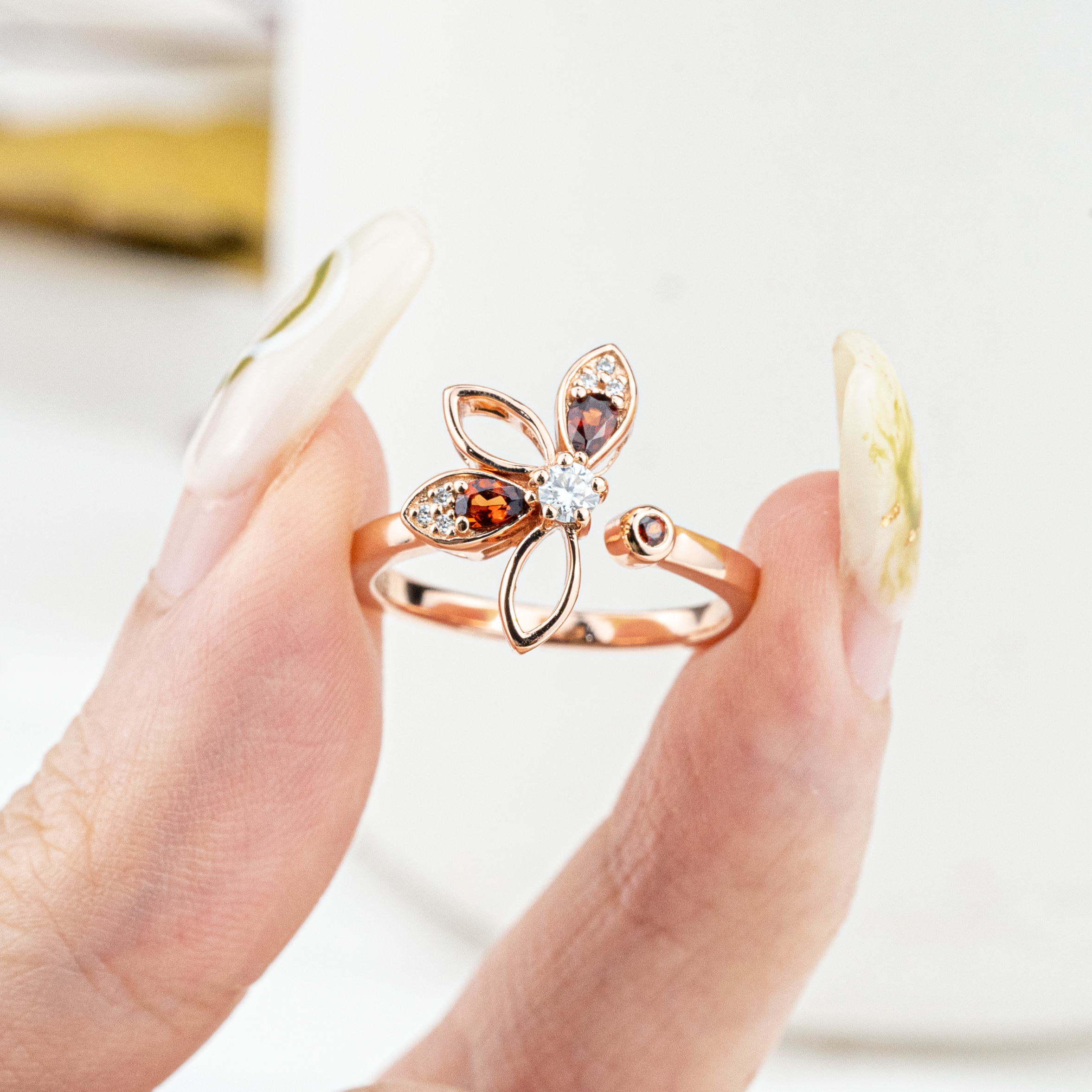 Sakura Flower Garnet Petal Ring.