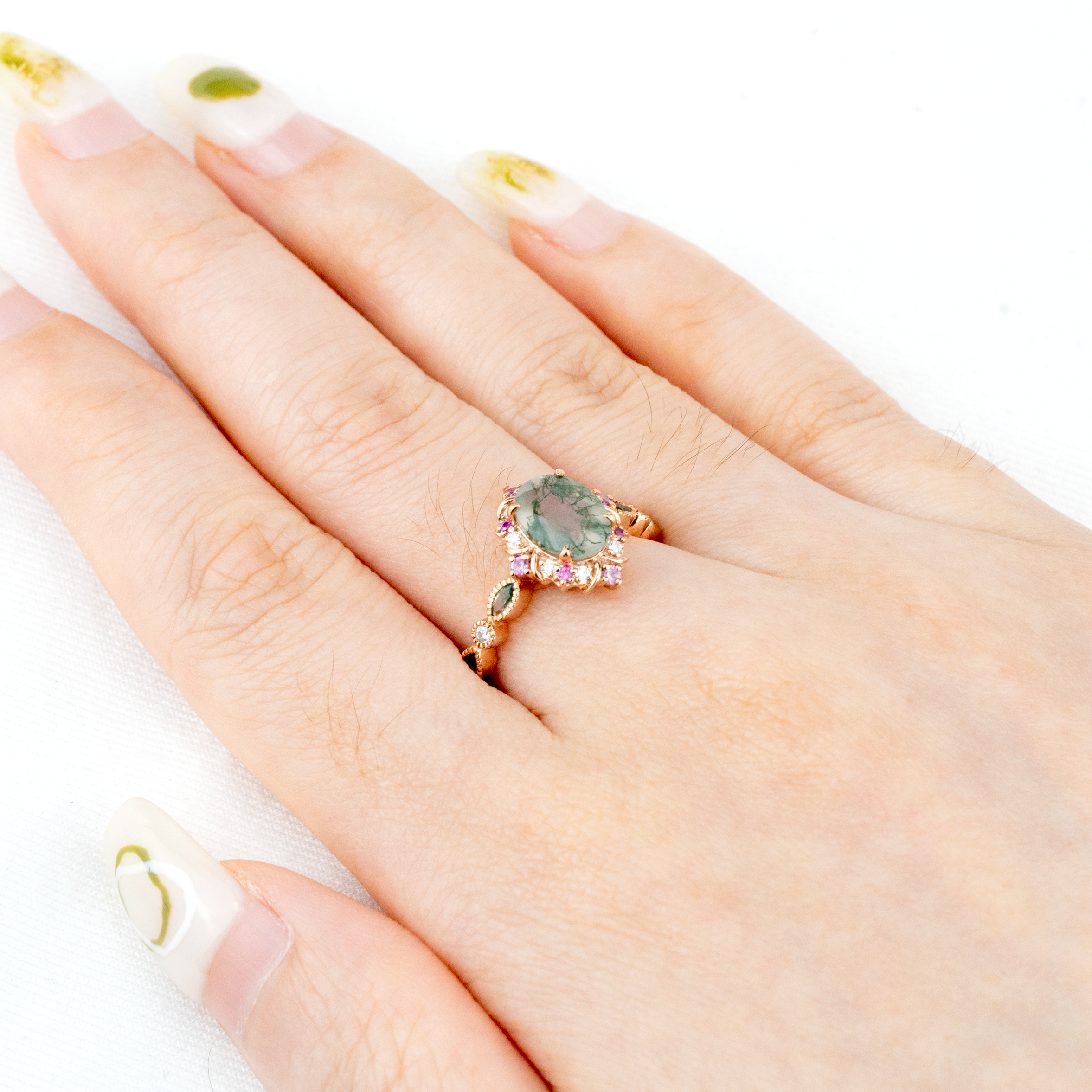 Oval Moss Agate With Amethyst Gold Ring Nature Inspired Design.