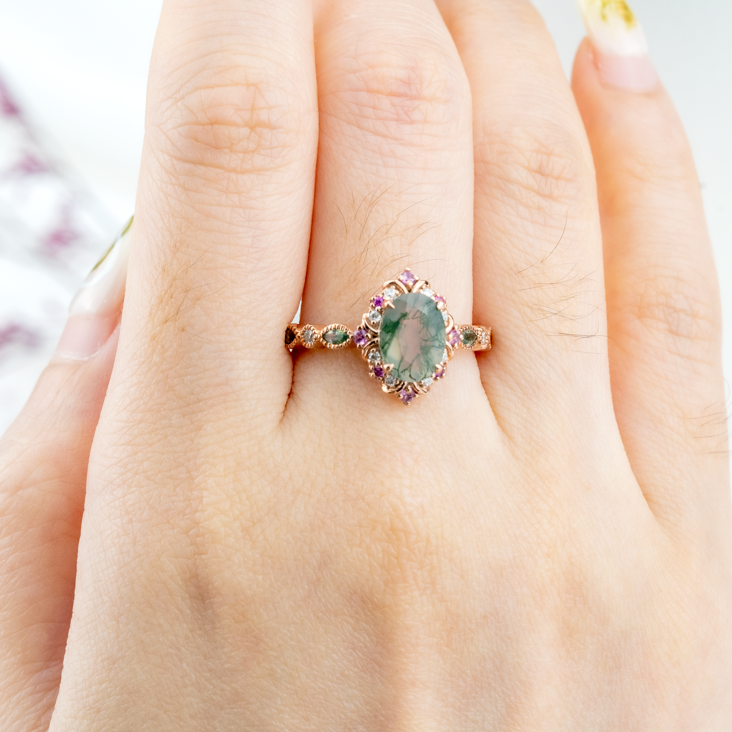 Oval Moss Agate With Amethyst Gold Ring Nature Inspired Design.