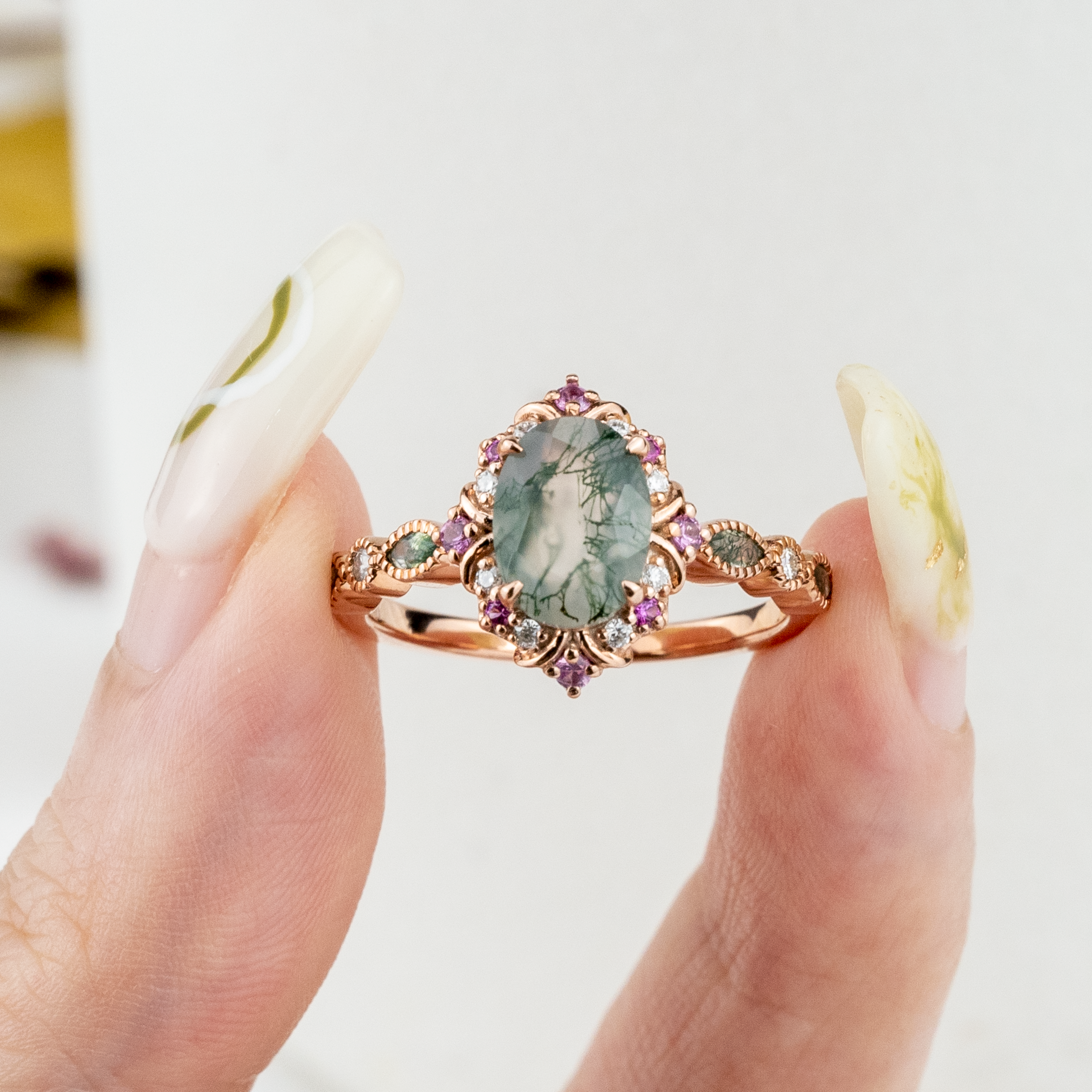 Oval Moss Agate With Amethyst Gold Ring Nature Inspired Design.