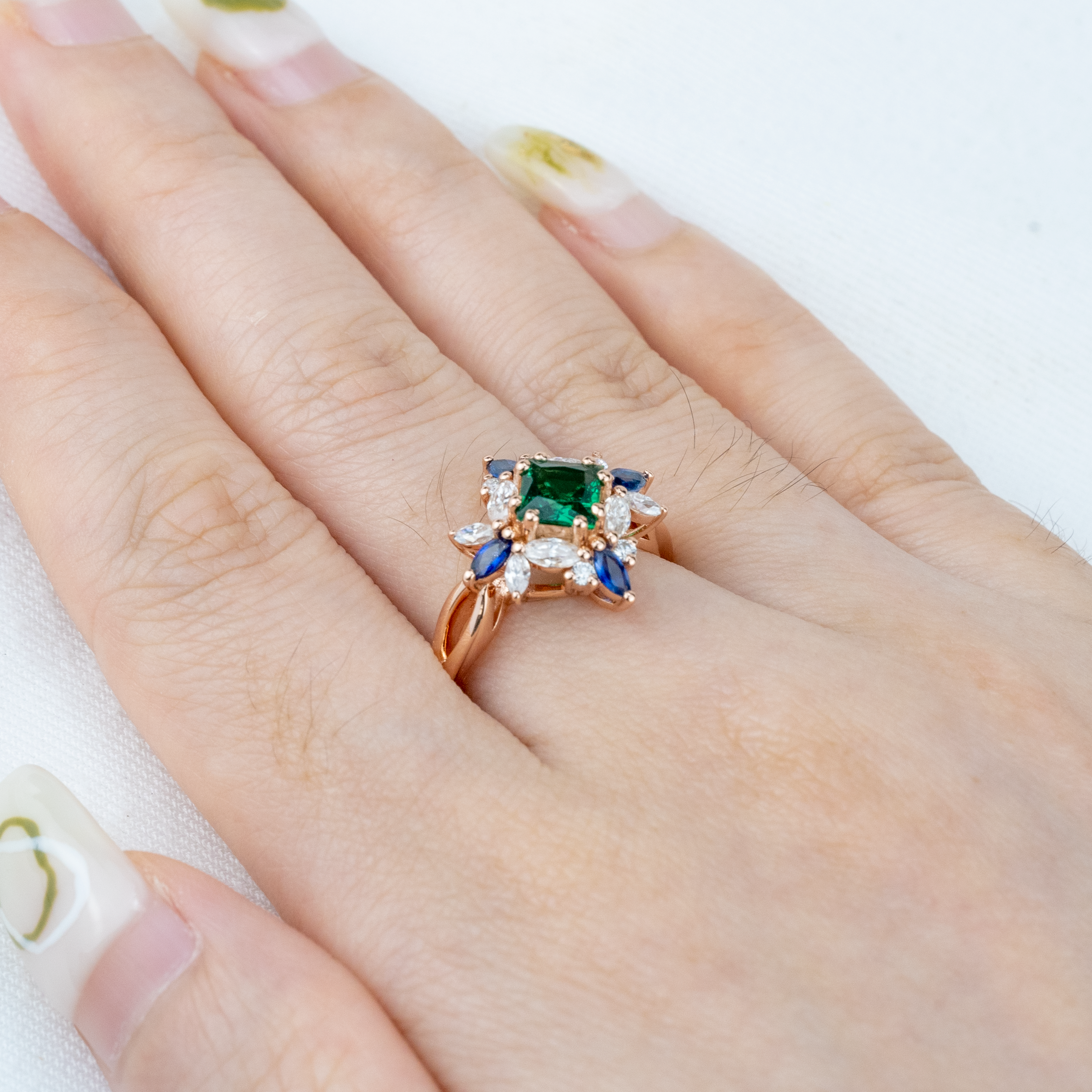 Princess Lab Emerald With Lab Sapphire&Moissanite Gold Ring.