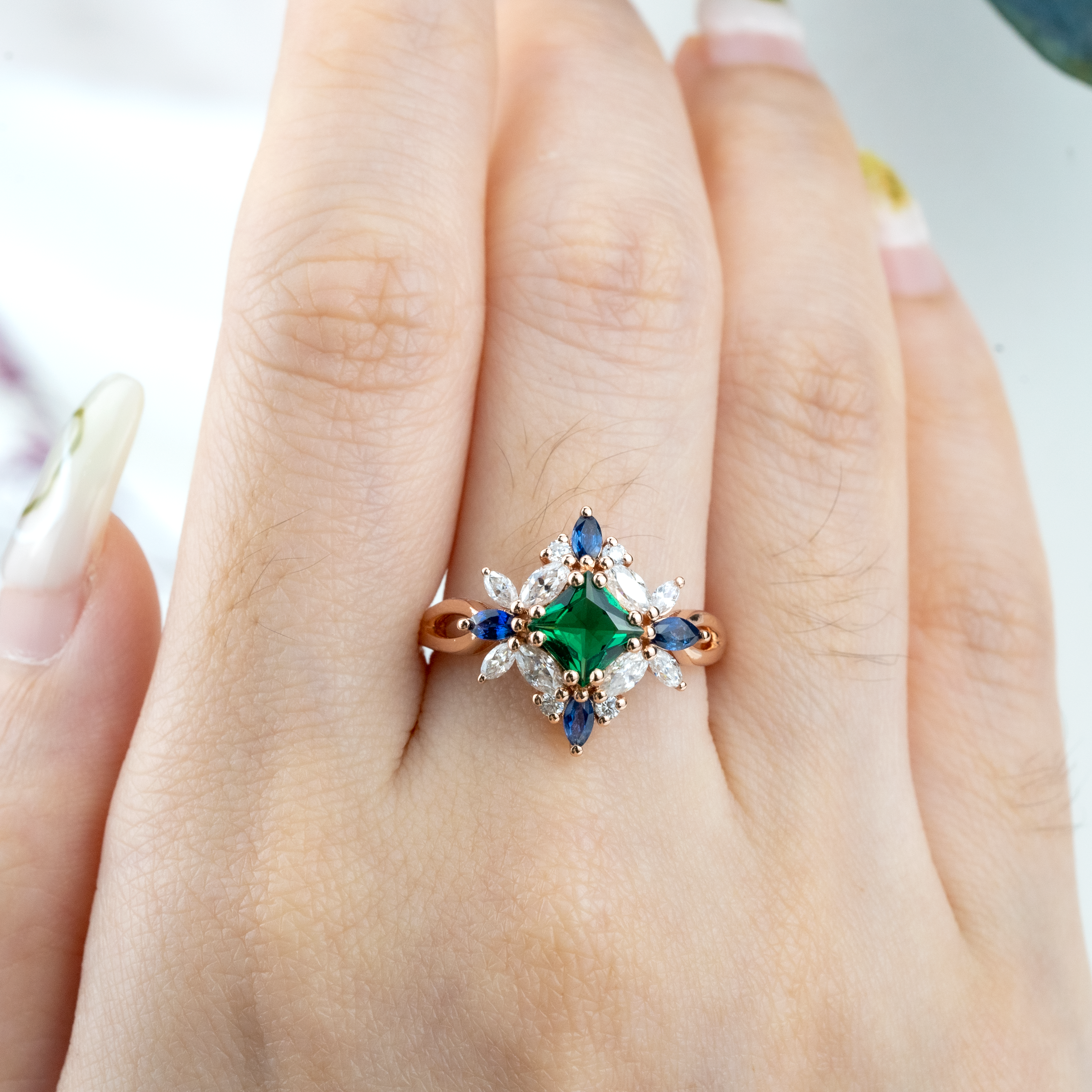 Princess Lab Emerald With Lab Sapphire&Moissanite Gold Ring.