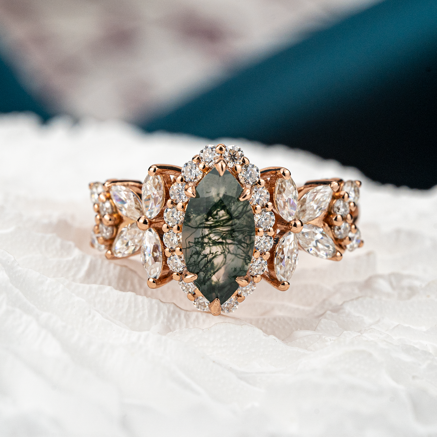 Luxurious Marquise Moss Agate with Moissanite Gold Ring.