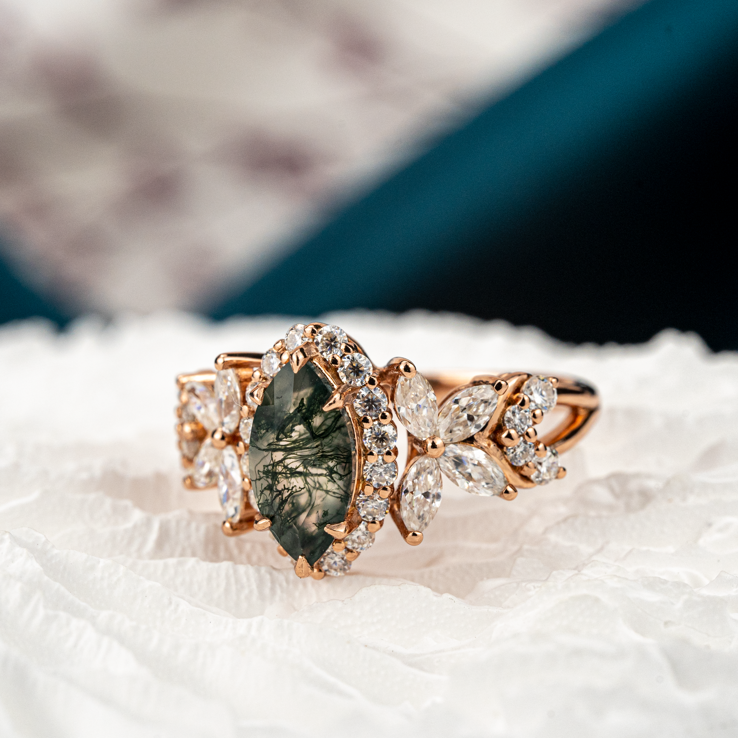 Luxurious Marquise Moss Agate with Moissanite Gold Ring.