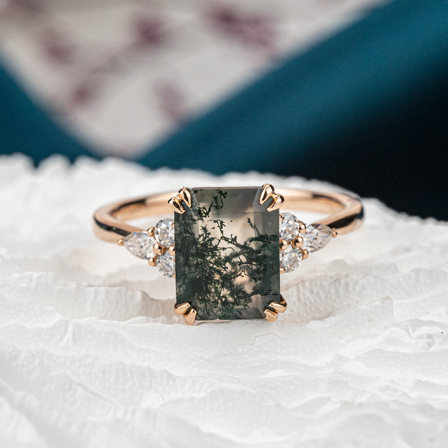 Classic Square Moss Agate Gold Engagement Ring With Moissanite.