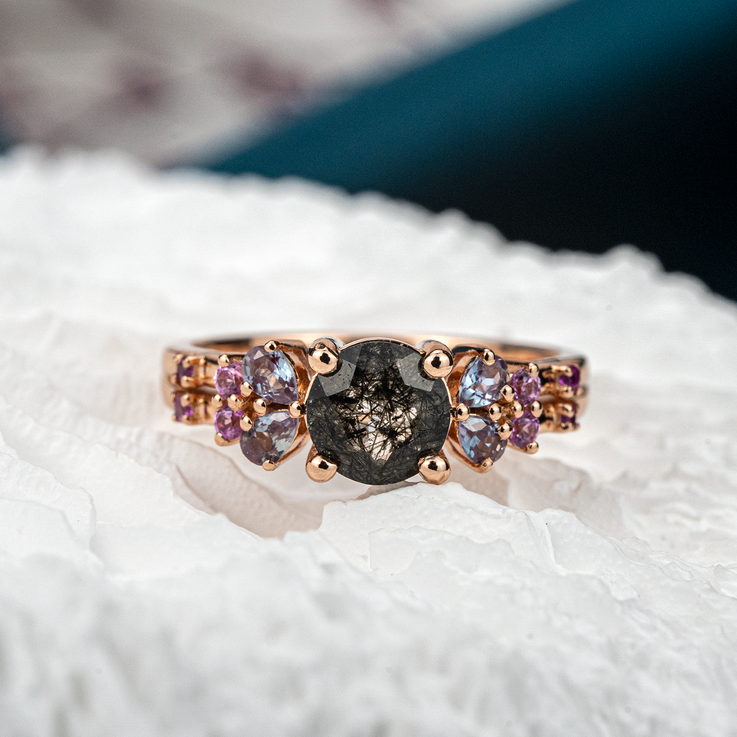 Black tourmaline combined with amethyst and lab alexandrite Ring.