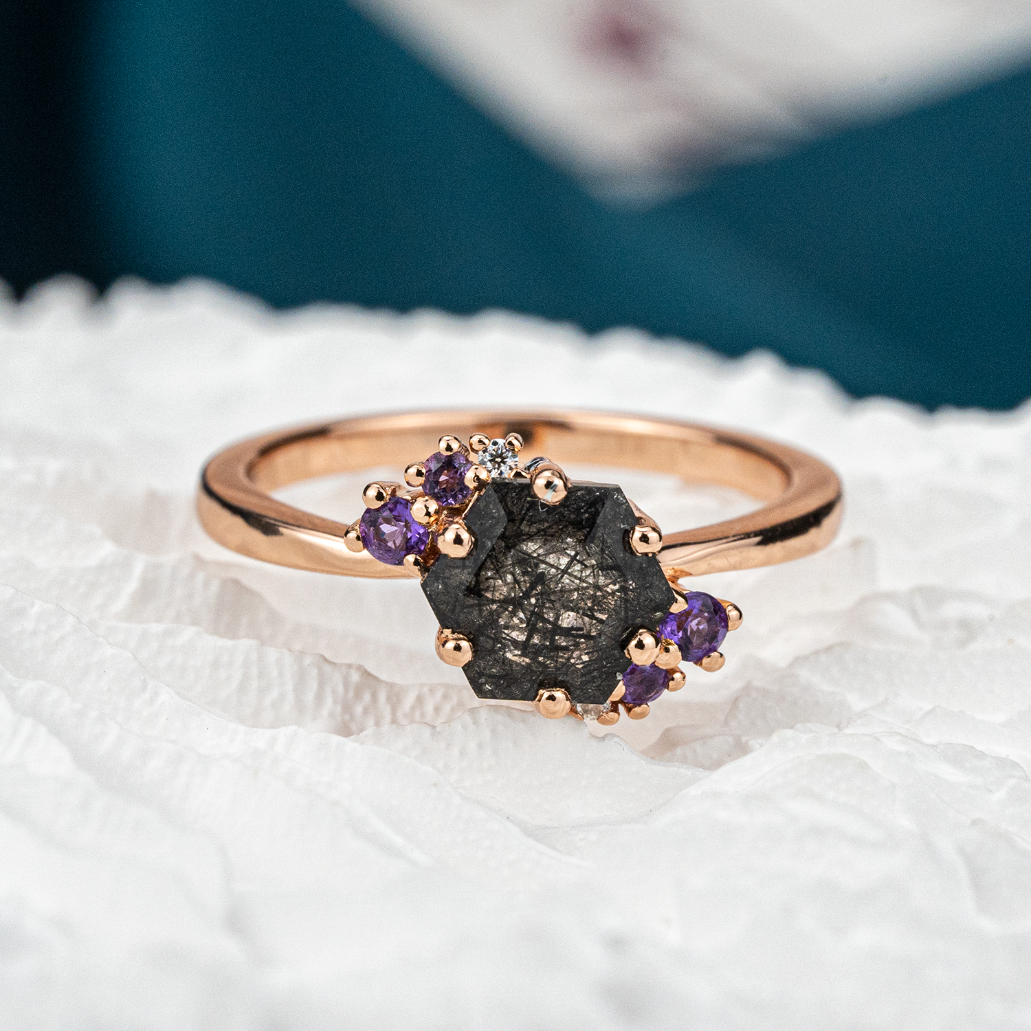 Hexagonal Black Tourmaline with Amethyst Rose Gold Ring.