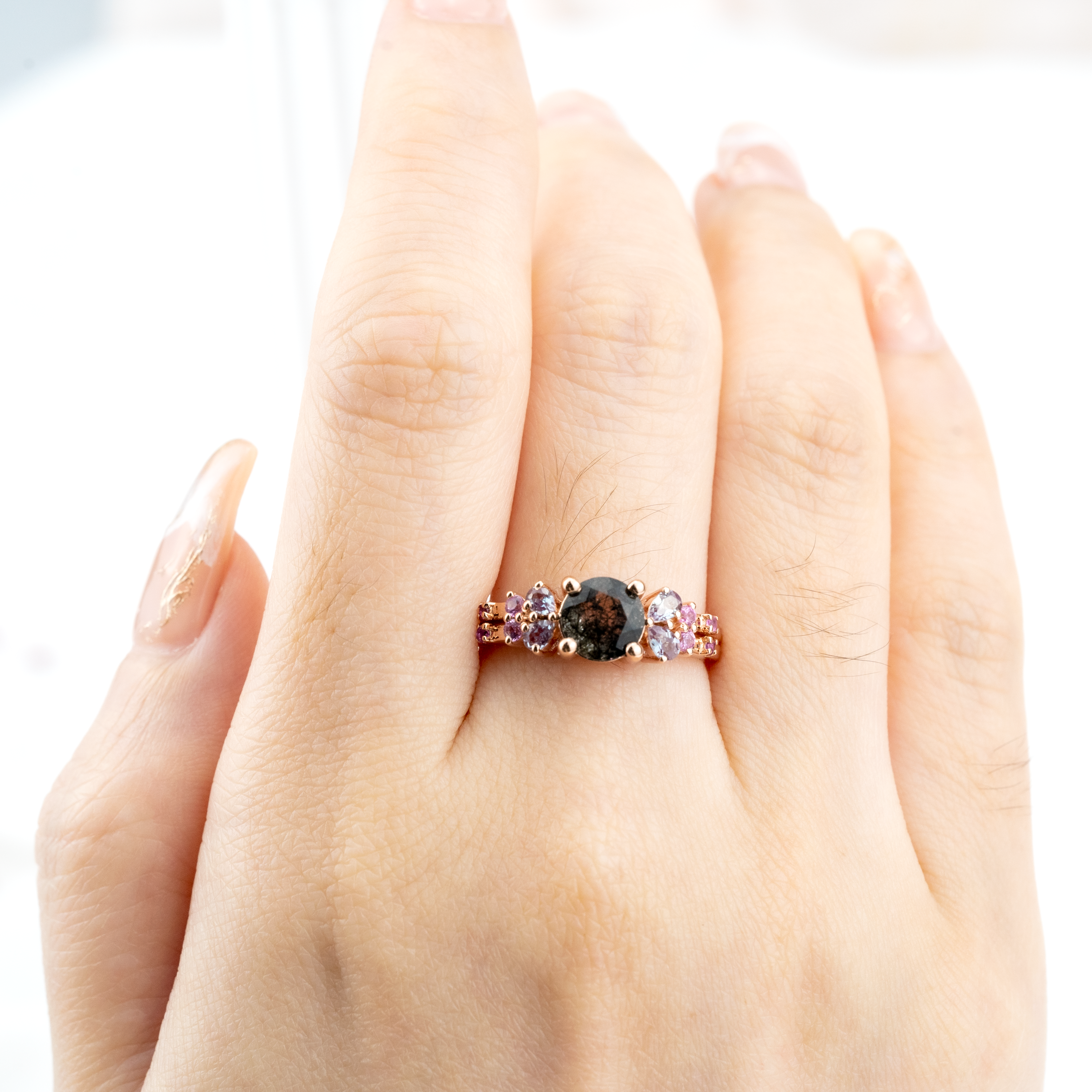 Black tourmaline combined with amethyst and lab alexandrite Ring.